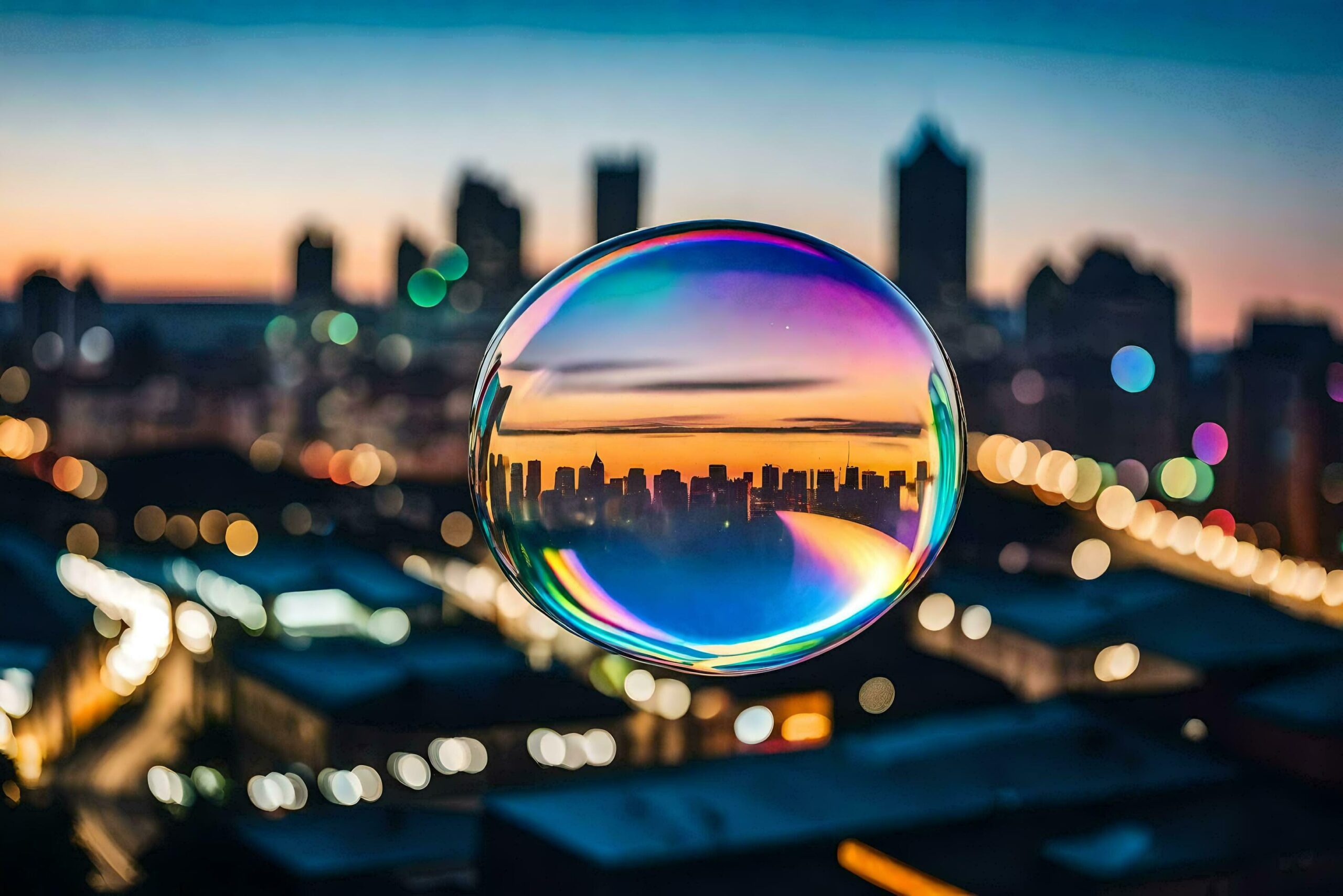 a bubble with a city skyline in the background Free Photo