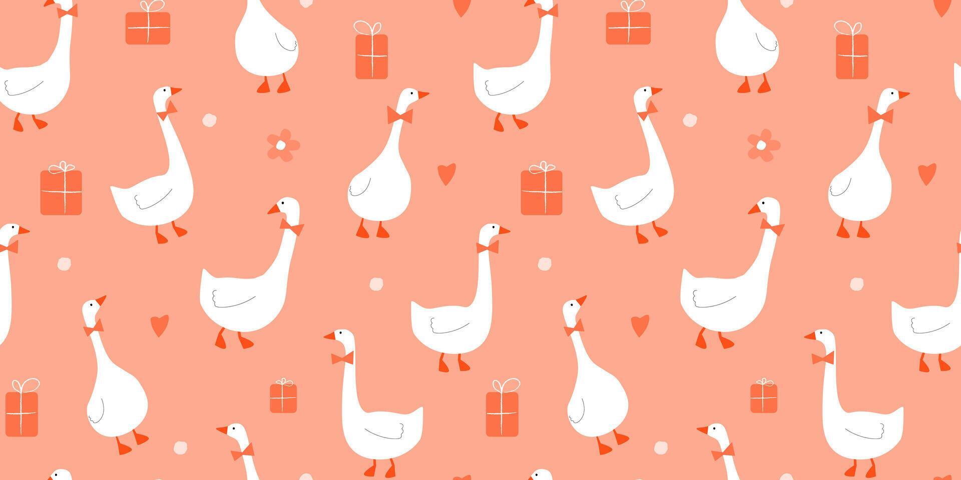 Seamless pattern with holiday geese, gift boxes, hearts, flowers. Abstract greeting print with birds for packaging, fabric. Stock Free