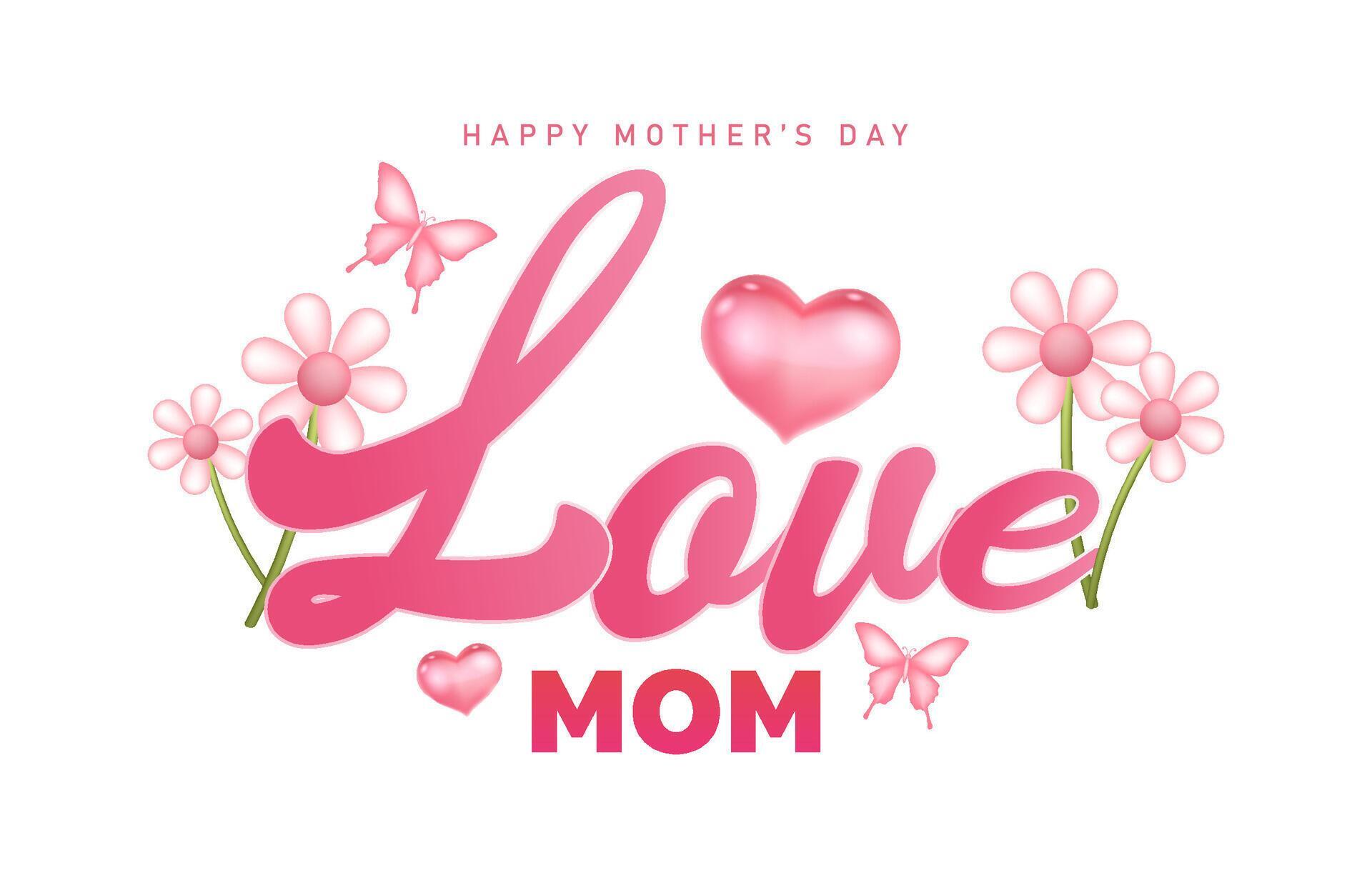 Happy mothers day typography design in vector with colorful flowers, love and butterfly Stock Free