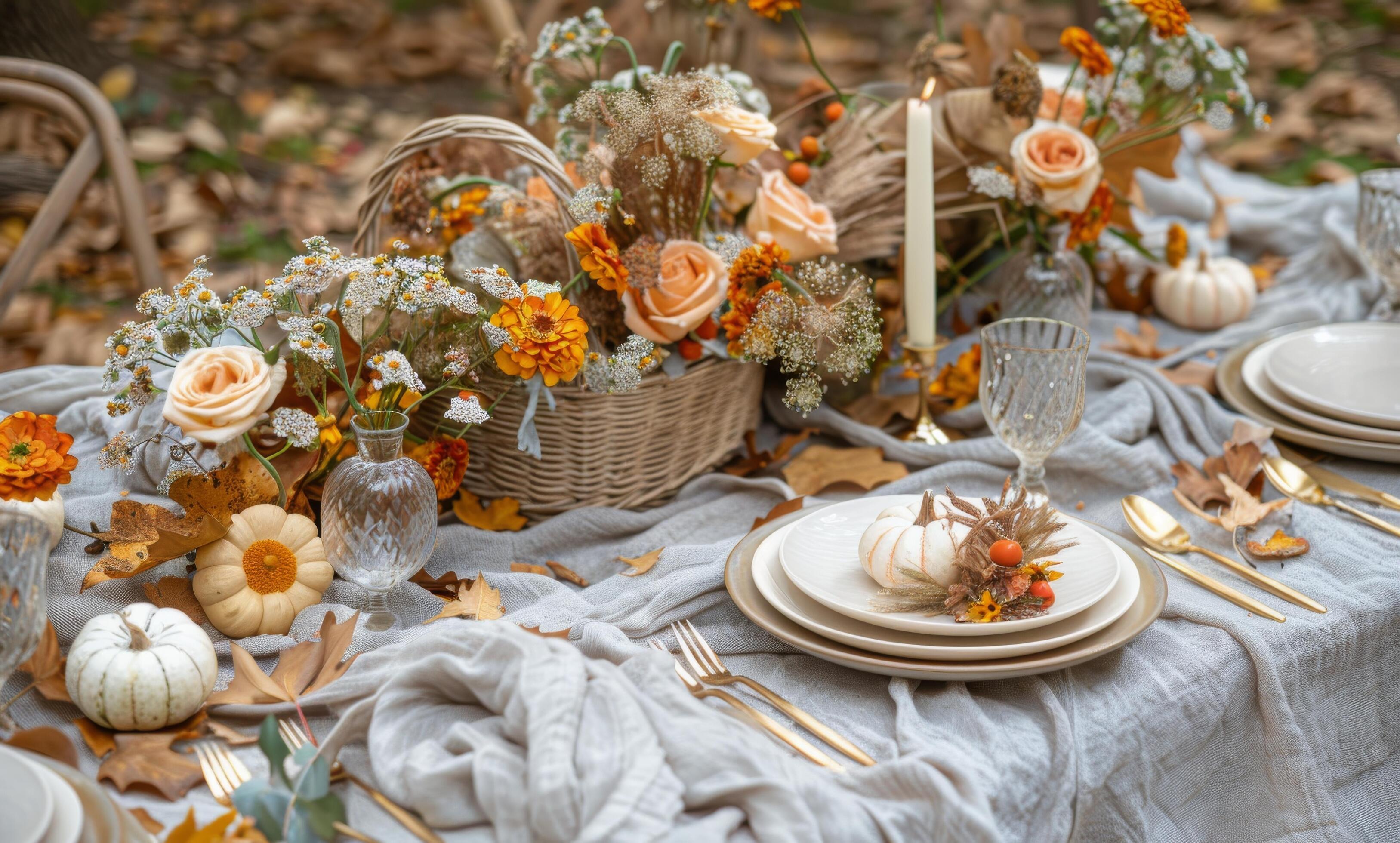 Autumnal Table Setting With White Flowers, Pumpkins, and Fall Leaves Stock Free