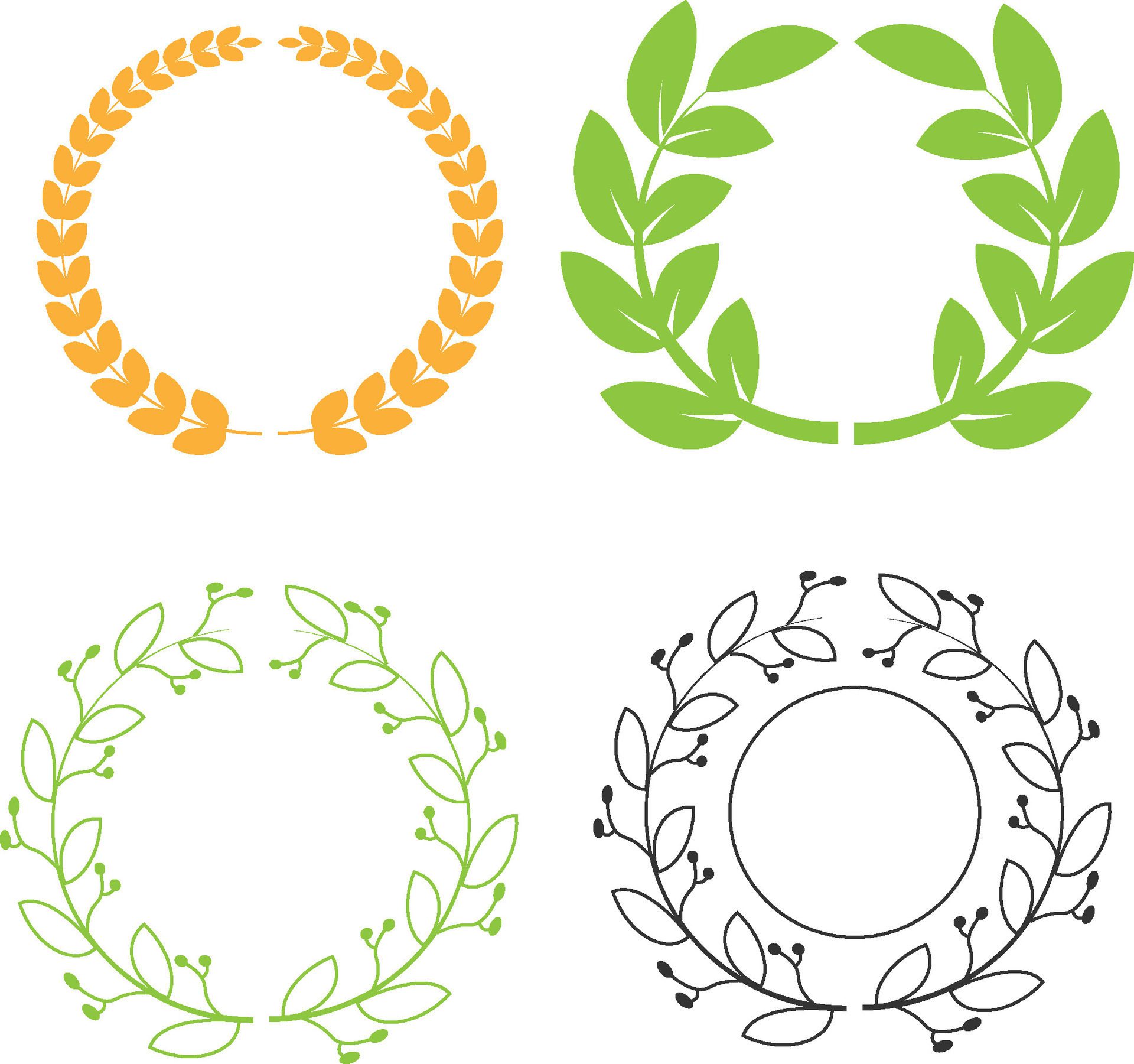 Minimal 4 Laurel wreath set, Silhouette for Logo, Apps, Website, banner, Illustration art or Graphic Design. Free Vector