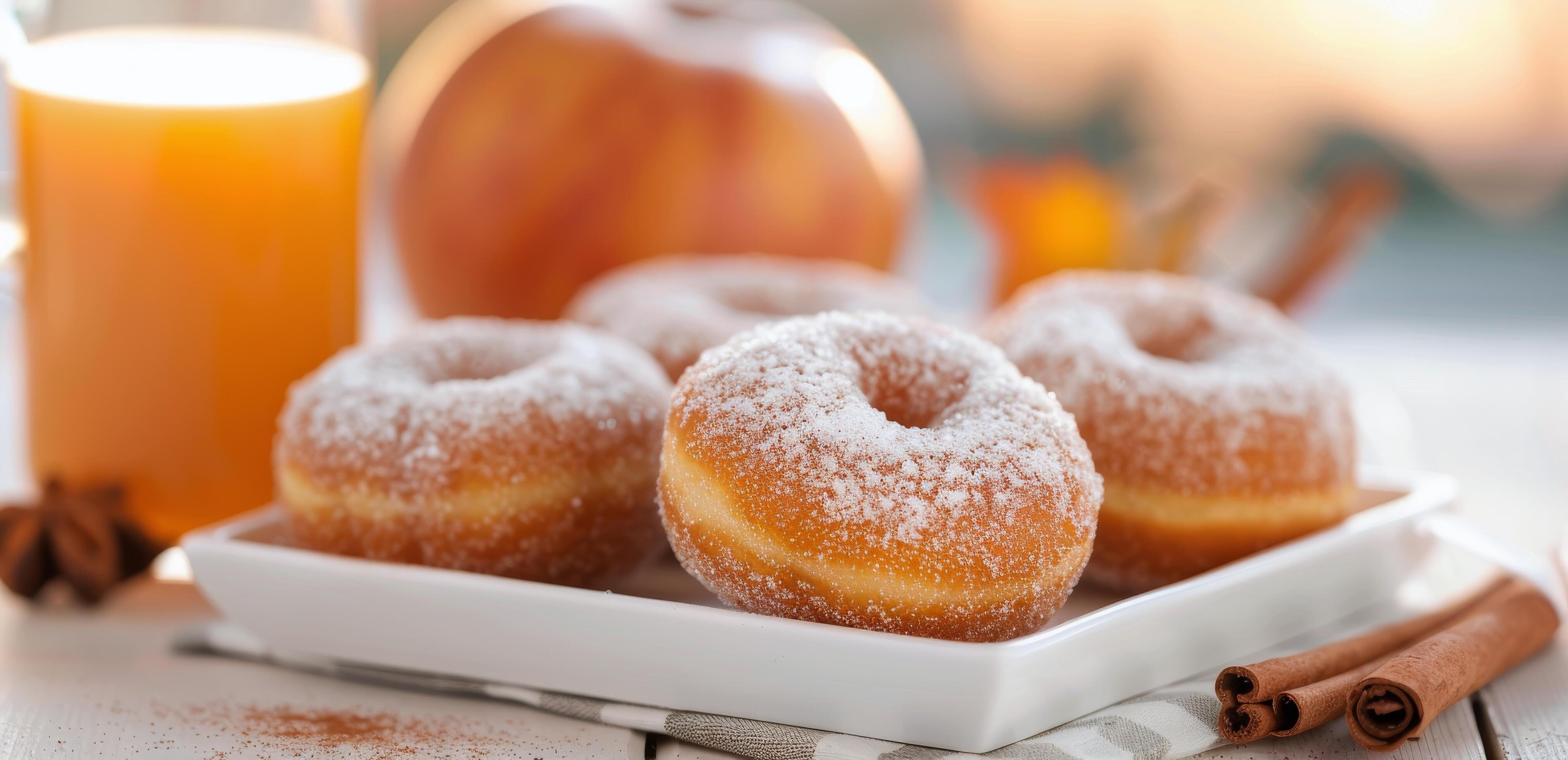 Freshly Baked Cinnamon Sugar Donuts With Juicy Apples and Refreshing Juice in Morning Light Stock Free