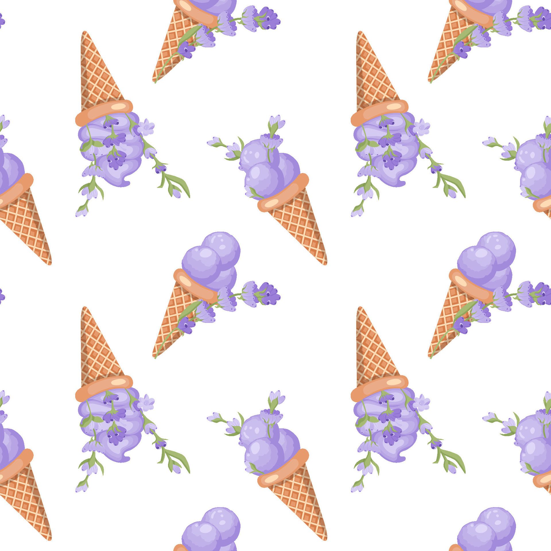 Lavender ice cream. Three scoops of creamy sweet dessert in a waffle cone. Purple sorbet. Seamless pattern. illustration. Free Vector