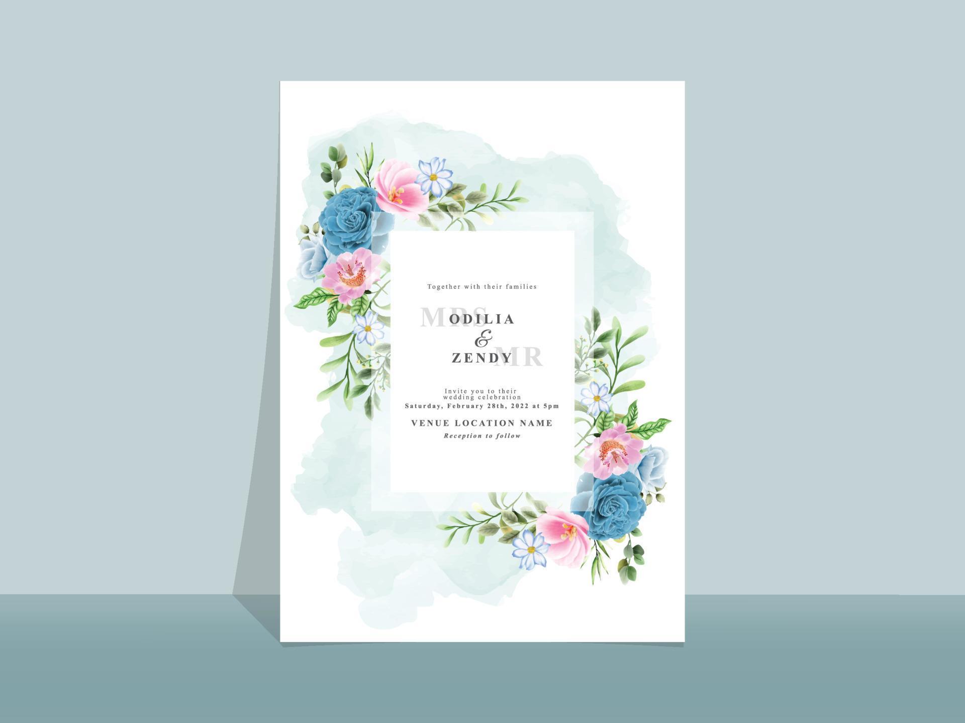 Beautiful blue and pink flowers wedding invitation card Stock Free