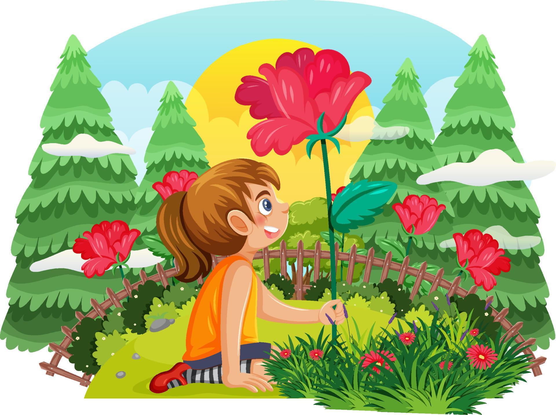 Fantasy girl holding flower in the forest Stock Free