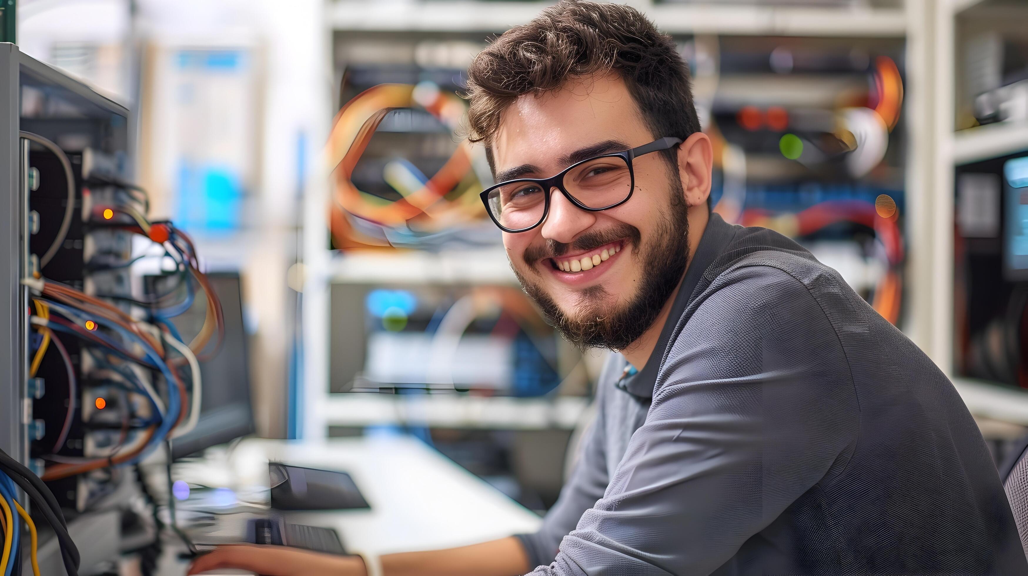 Smiling Young IT Network Administrator Working at Modern Desk in Office Environment Stock Free