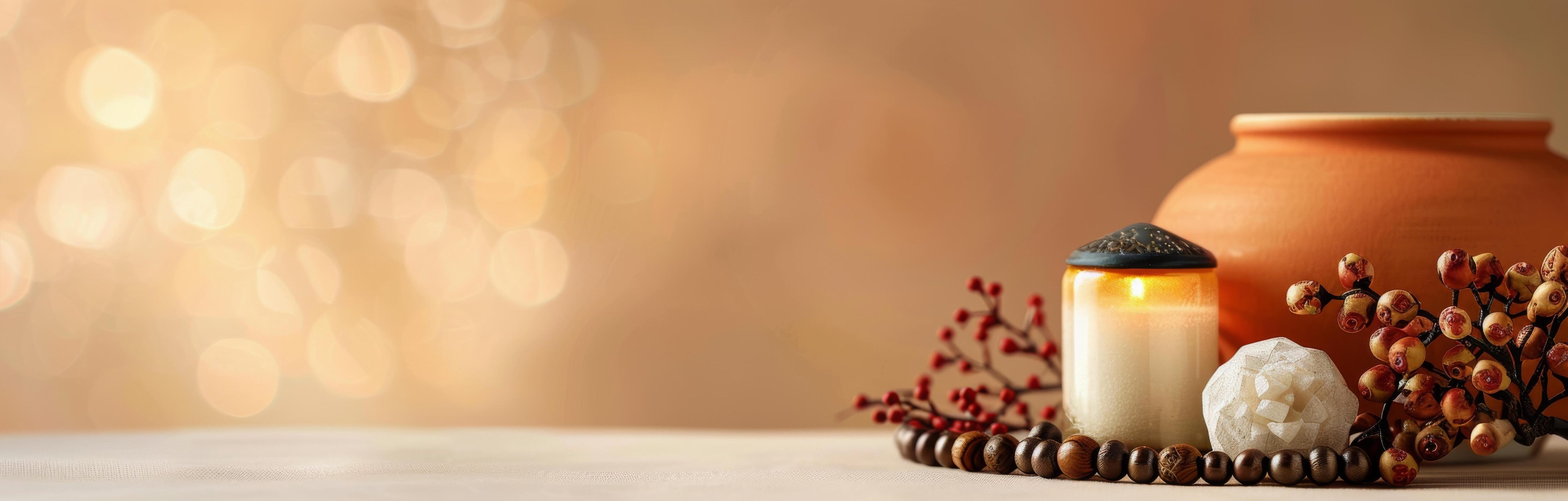 Decorative Candle, Pot, and Natural Elements on a Wooden Surface With Warm Background Stock Free