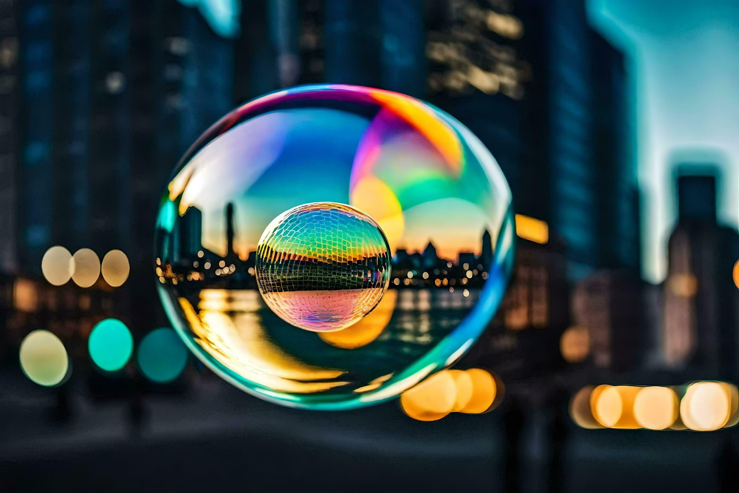 a colorful bubble with a city in the background Free Photo