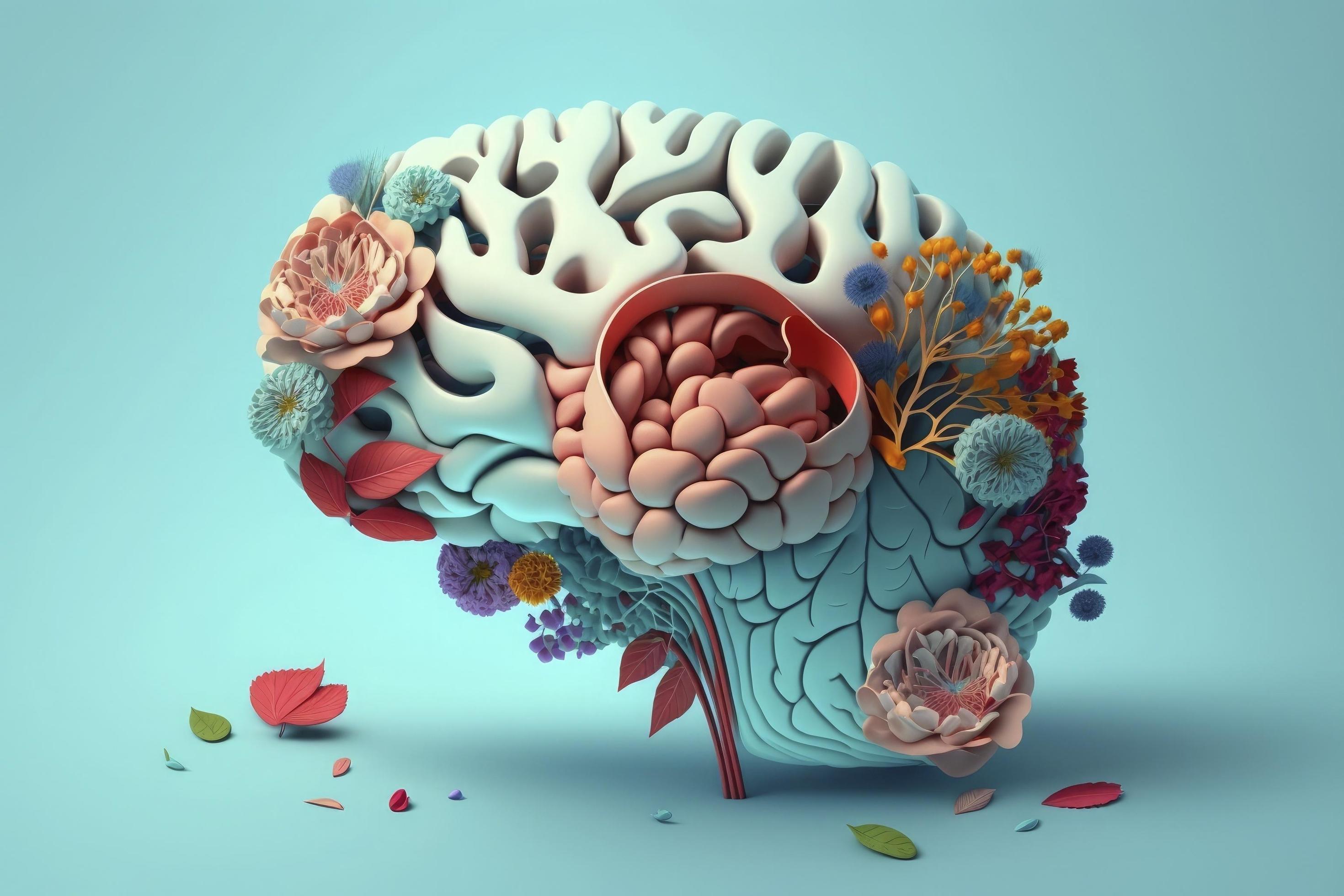 Human brain with flowers, self care and mental health concept, positive thinking, creative mind Stock Free