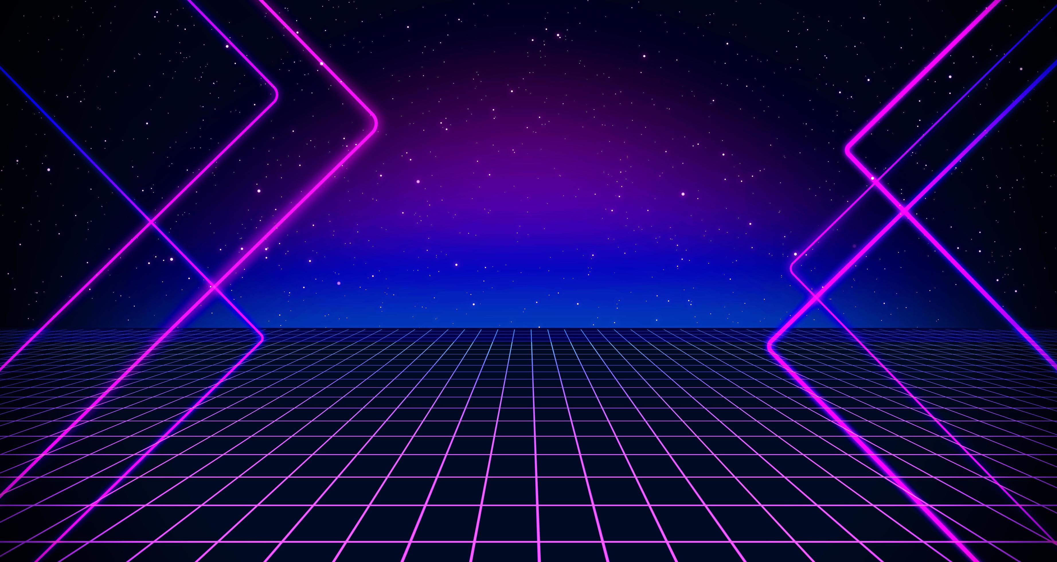 Retro style 80s Sci-Fi Background Futuristic with laser grid landscape. Digital cyber surface style of the 1980s. Stock Free