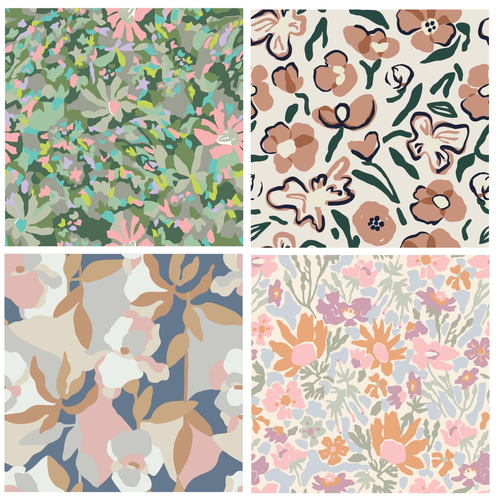 Vector flower with multi color illustration seamless repeat pattern 4 designs set Stock Free