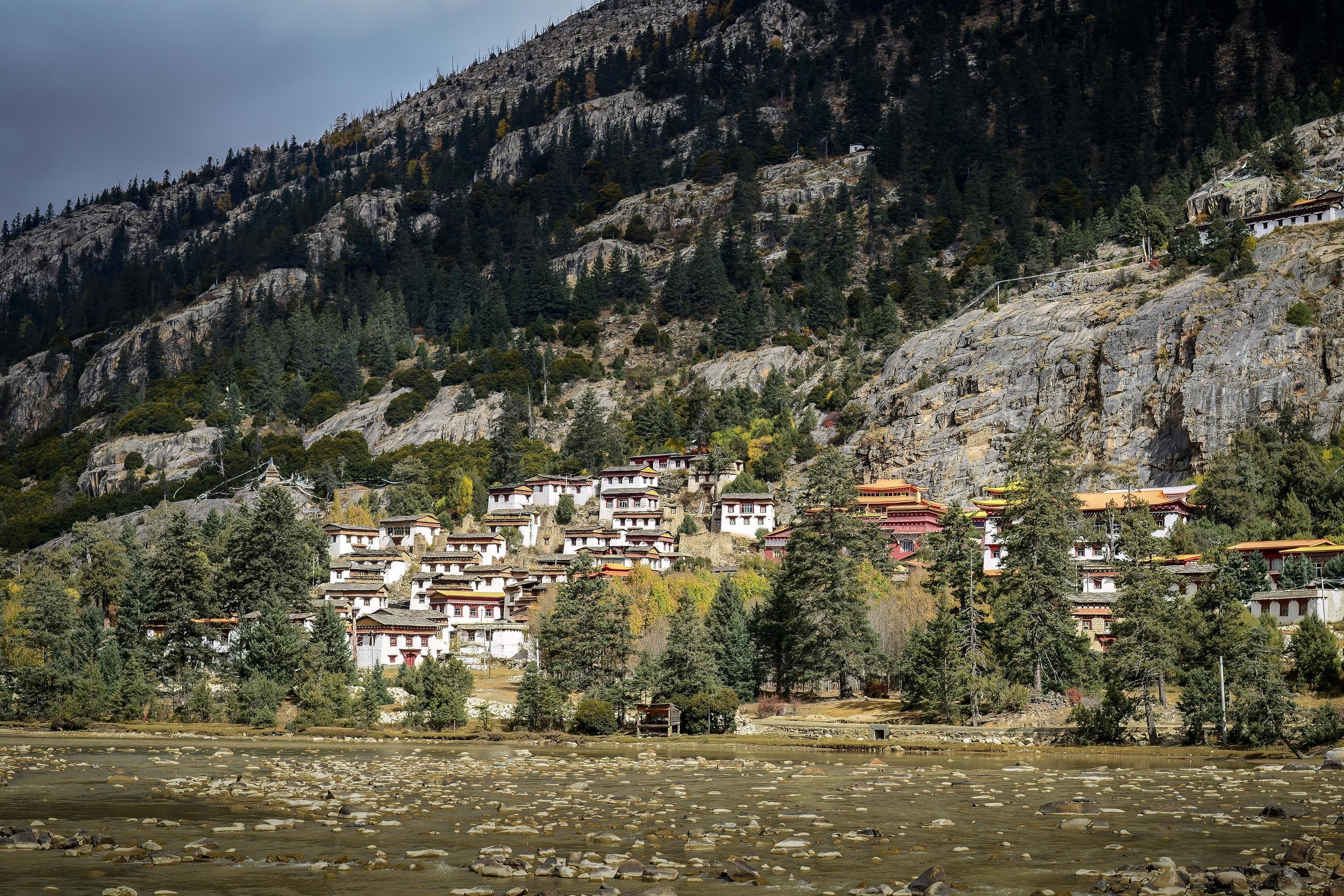 Stone Houses of Alpine Herdsmen in Tibetan Areas of China Stock Free