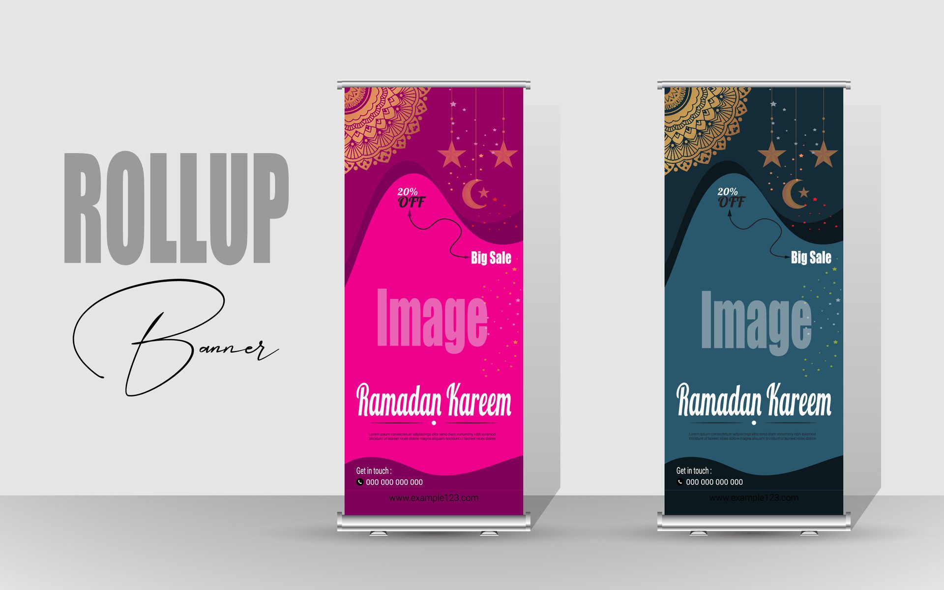 Roll up banner with a happy Ramadan design. unique meal banner for Ramadan. Rollup template for food menus. Free Vector