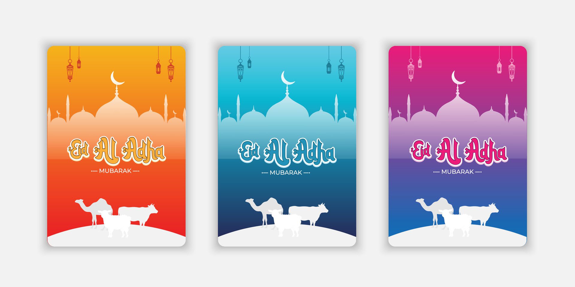 Happy Eid Al Adha Mubarak celebration set banner with paper cut effect on gradient color background. Eid Al Adha Mubarak Muslim celebration day Free Vector