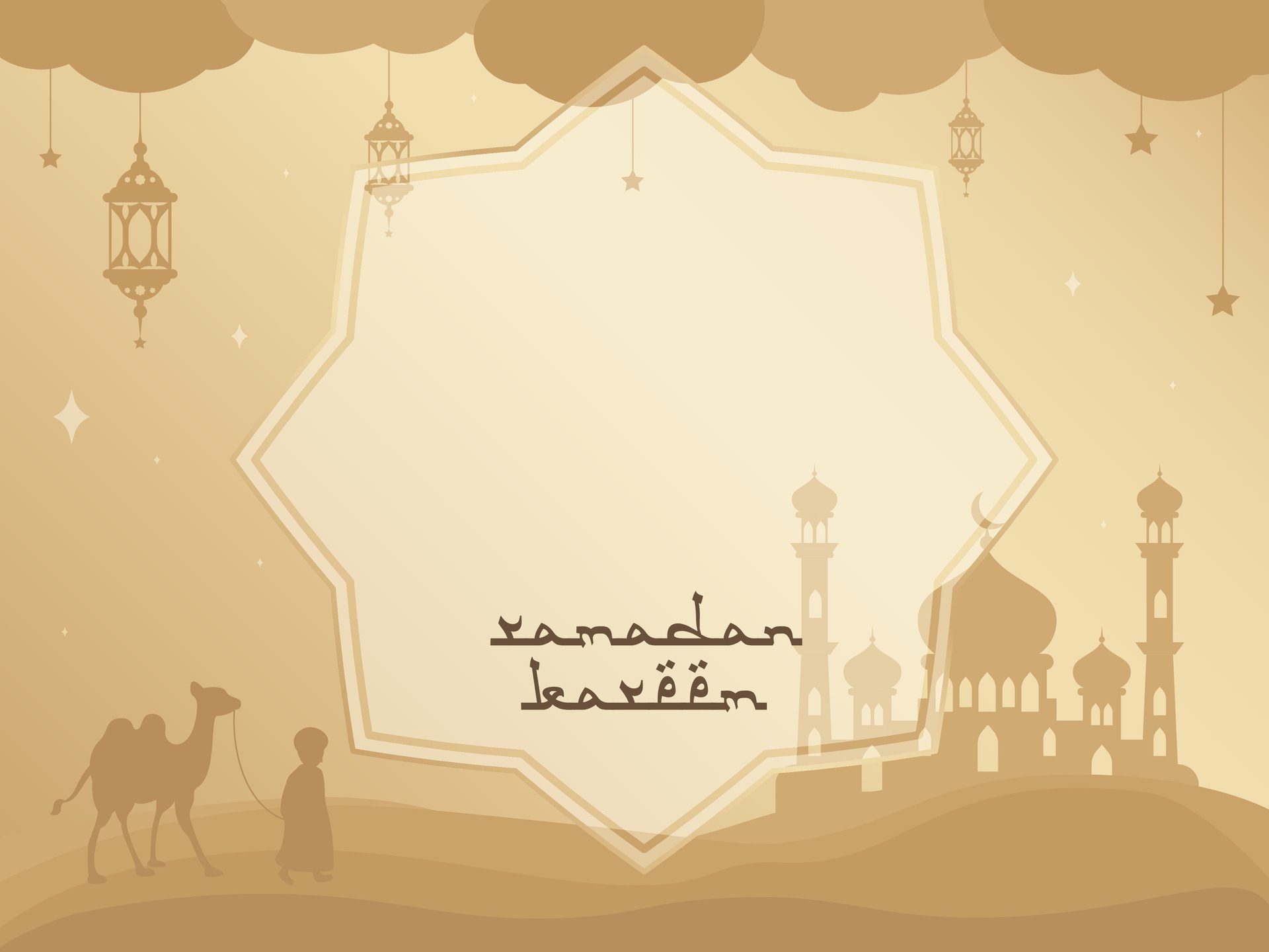 Ramadan Kareem copy space design with lanterns, mosque and camel. Vector card, invitation, greeting, banner Free Vector