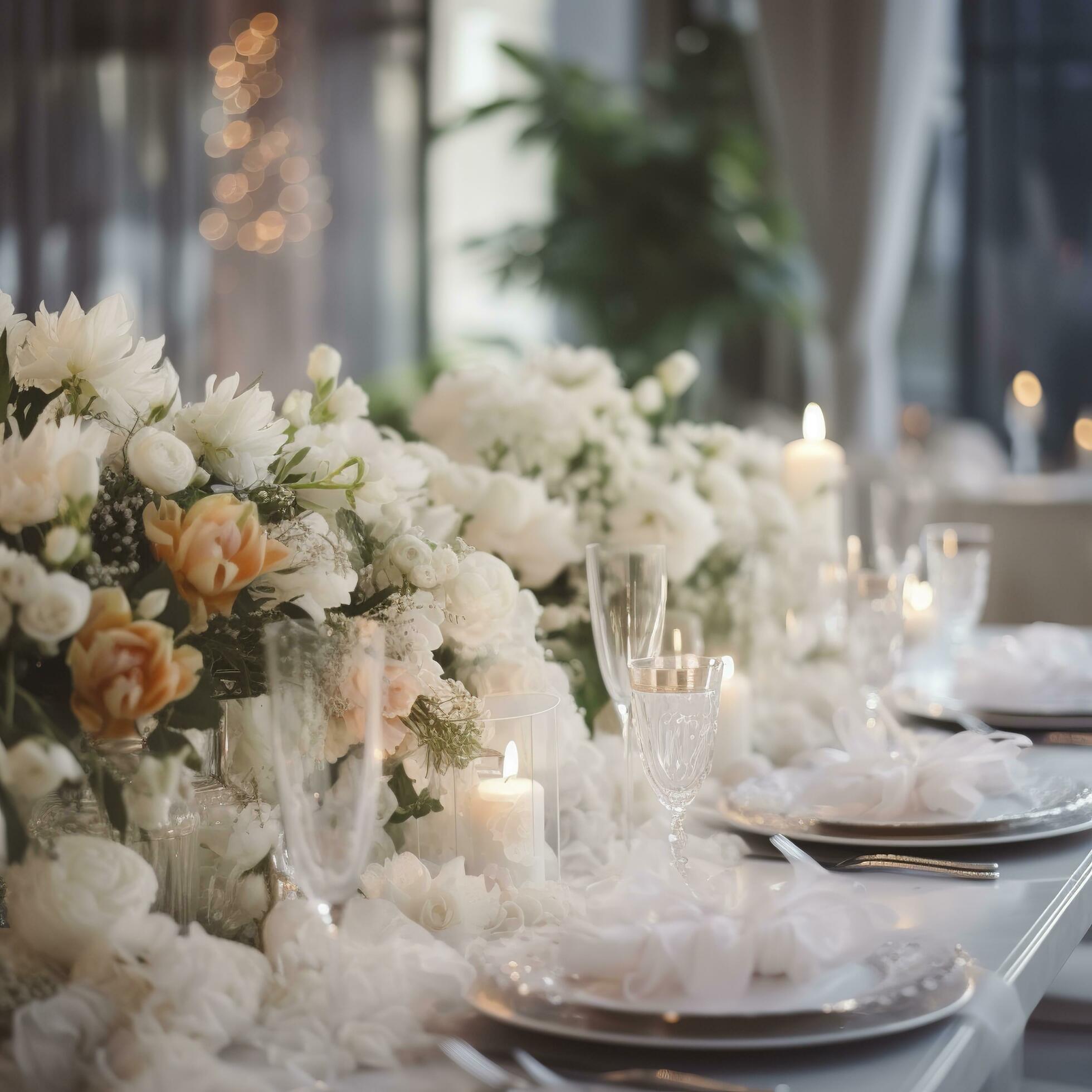 Table setting at a luxury wedding and Beautiful flowers on the table , generat ai Stock Free