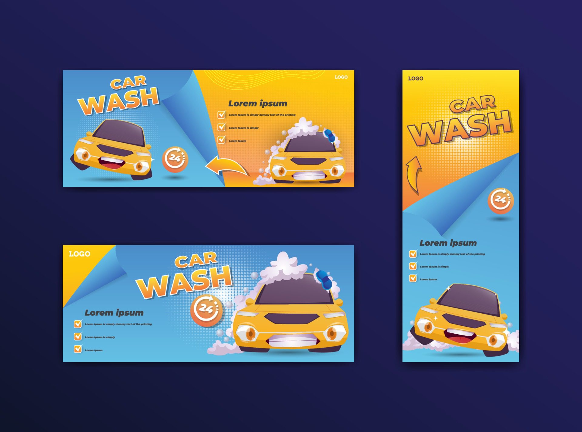 car wash banner set with full foam car cartoon illustration Free Vector