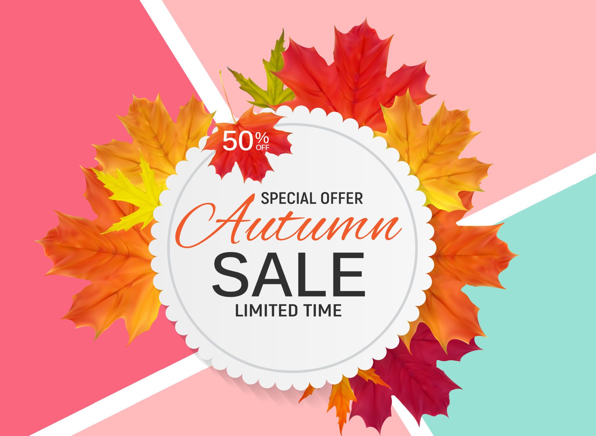 Shiny Autumn Leaves Sale Banner. Business Discount Card. Free Vector