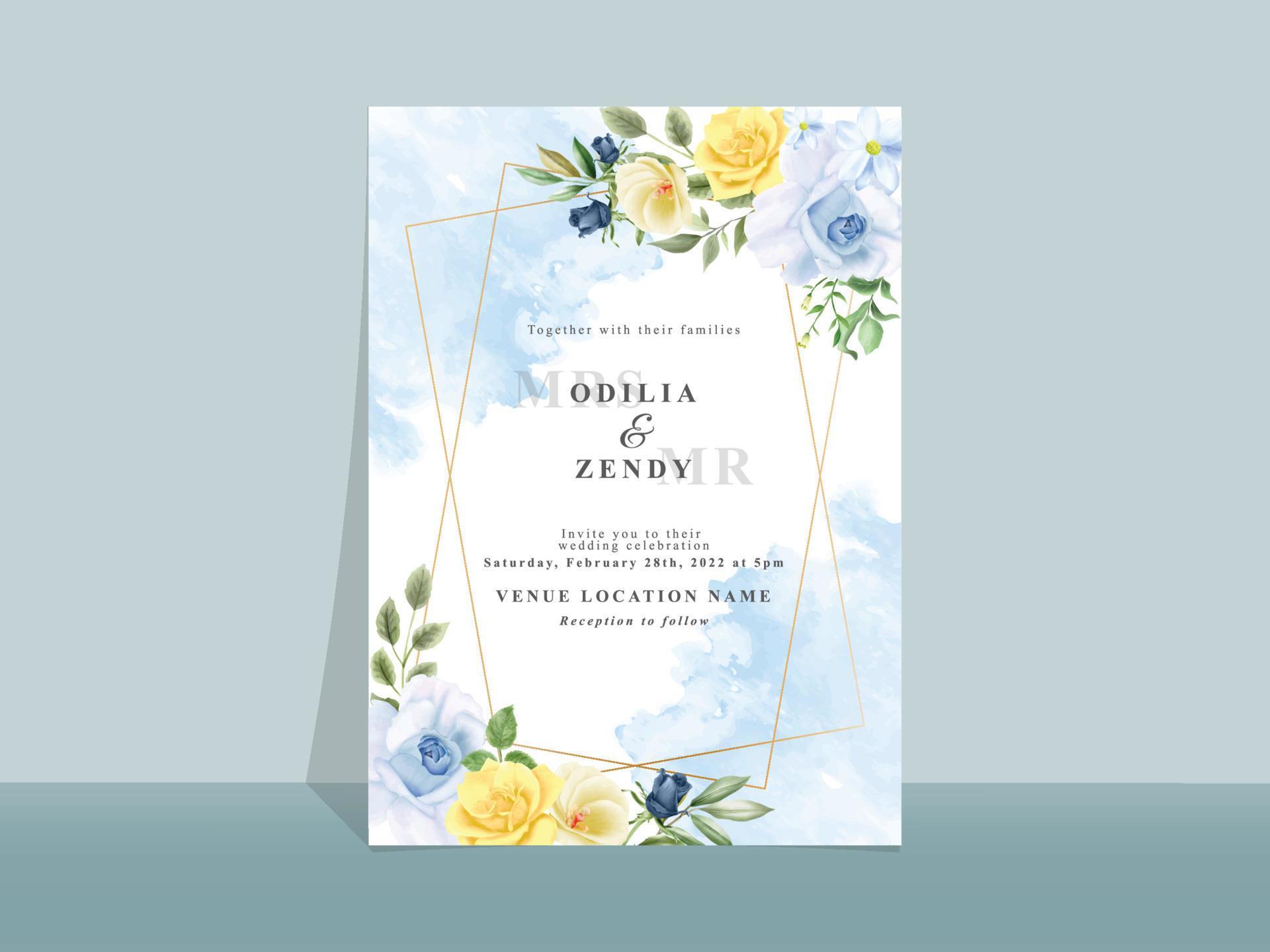 Wedding invitation card with beautiful blue and yellow flowers Stock Free