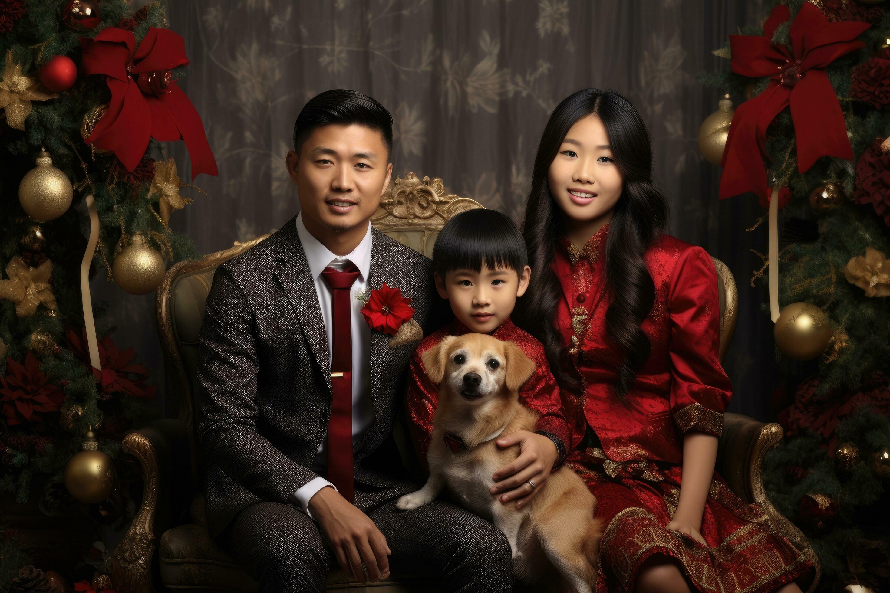 AI generated asian family in red dress on christmas tree background, asian family, Asian family posing for Christmas photograph, AI Generated Stock Free