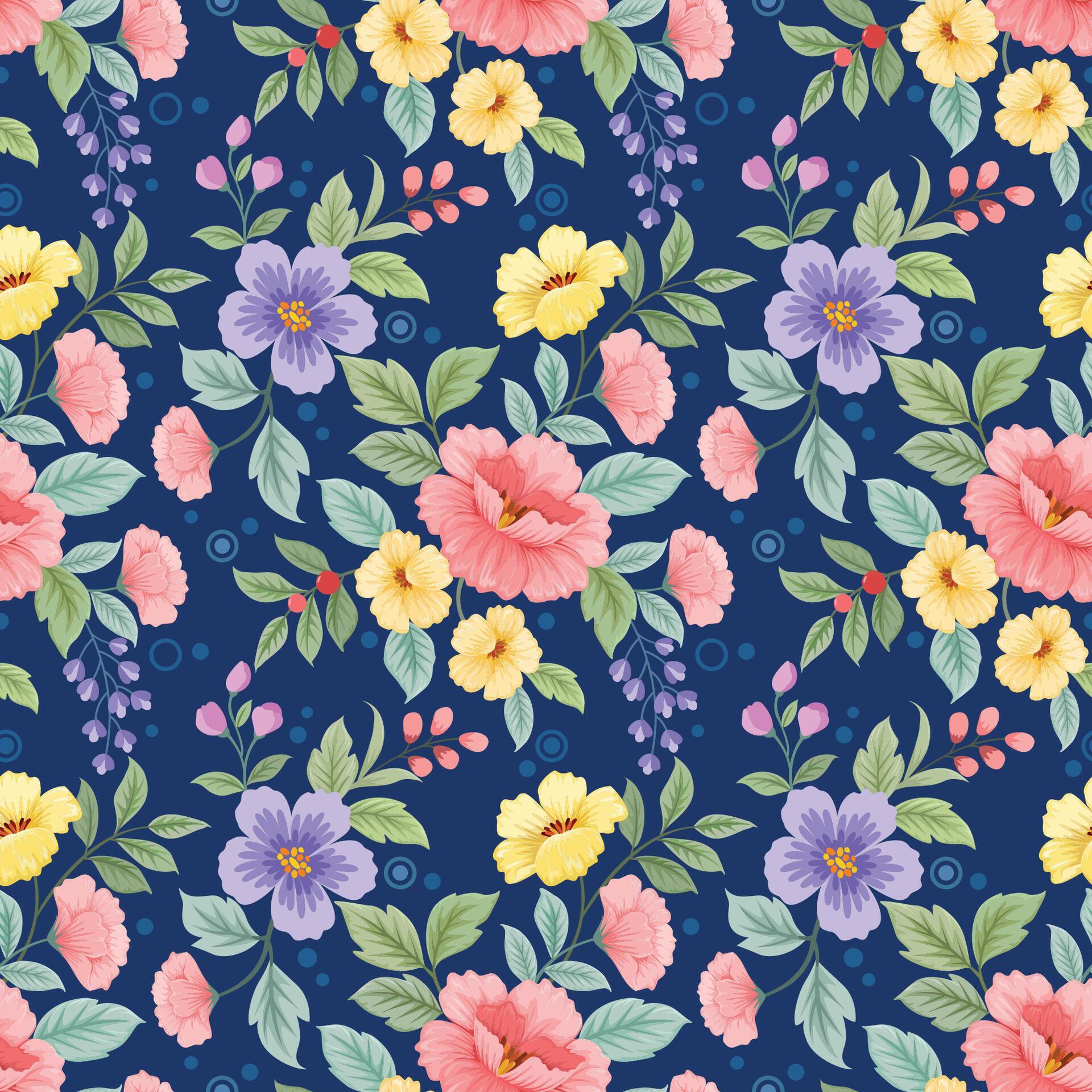 Beautiful blooming flowers on blue color background seamless pattern. Stock Free