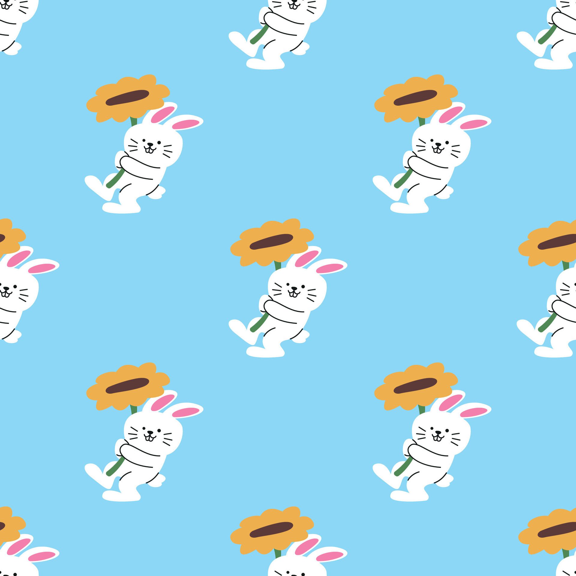 A CUTE WHITE BUNNY IS FLYING WITH A SUNFLOWER SEAMLESS PATTERN Free Vector