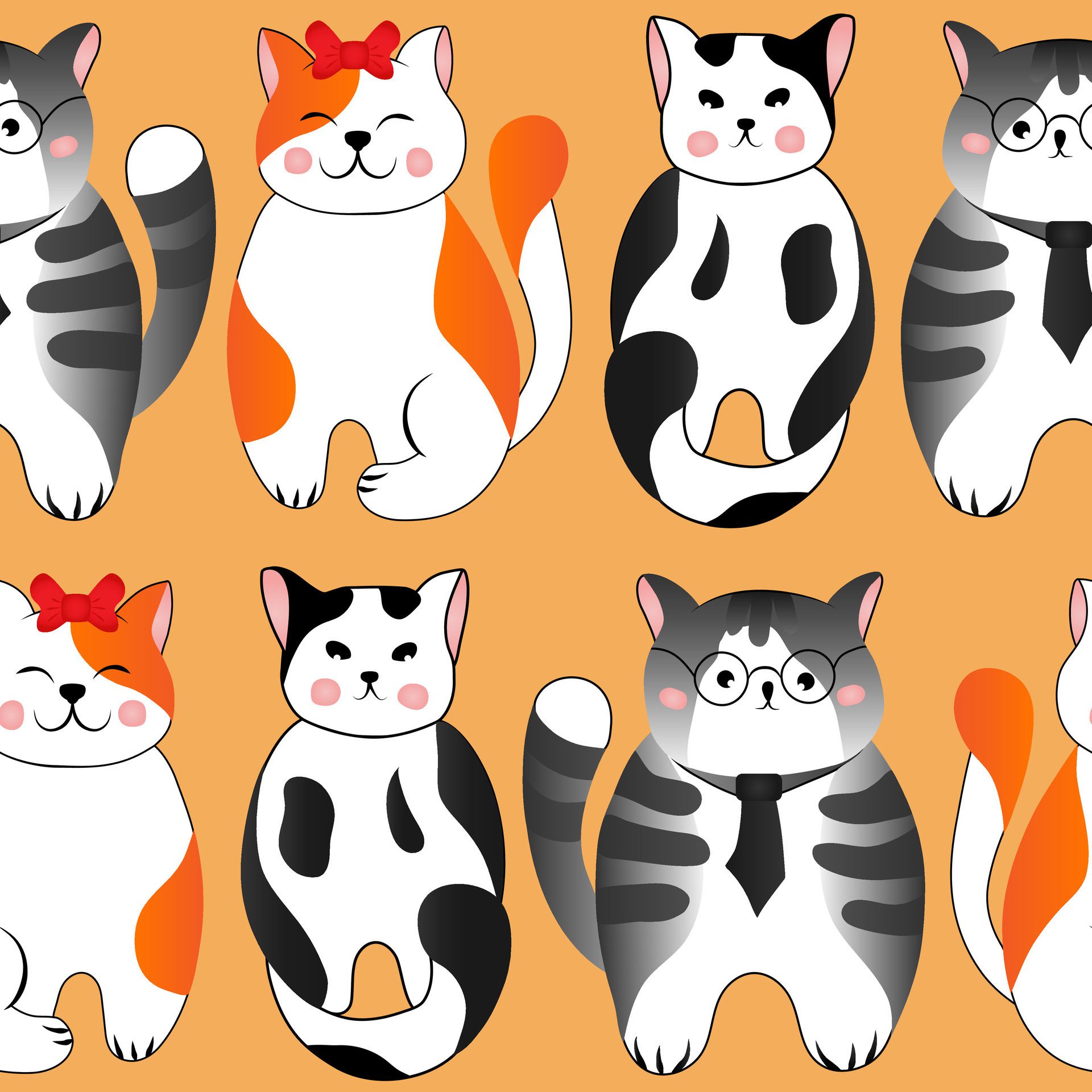 Seamless pattern with cute red and grey cats on orange background. Illustration for children. Free Vector