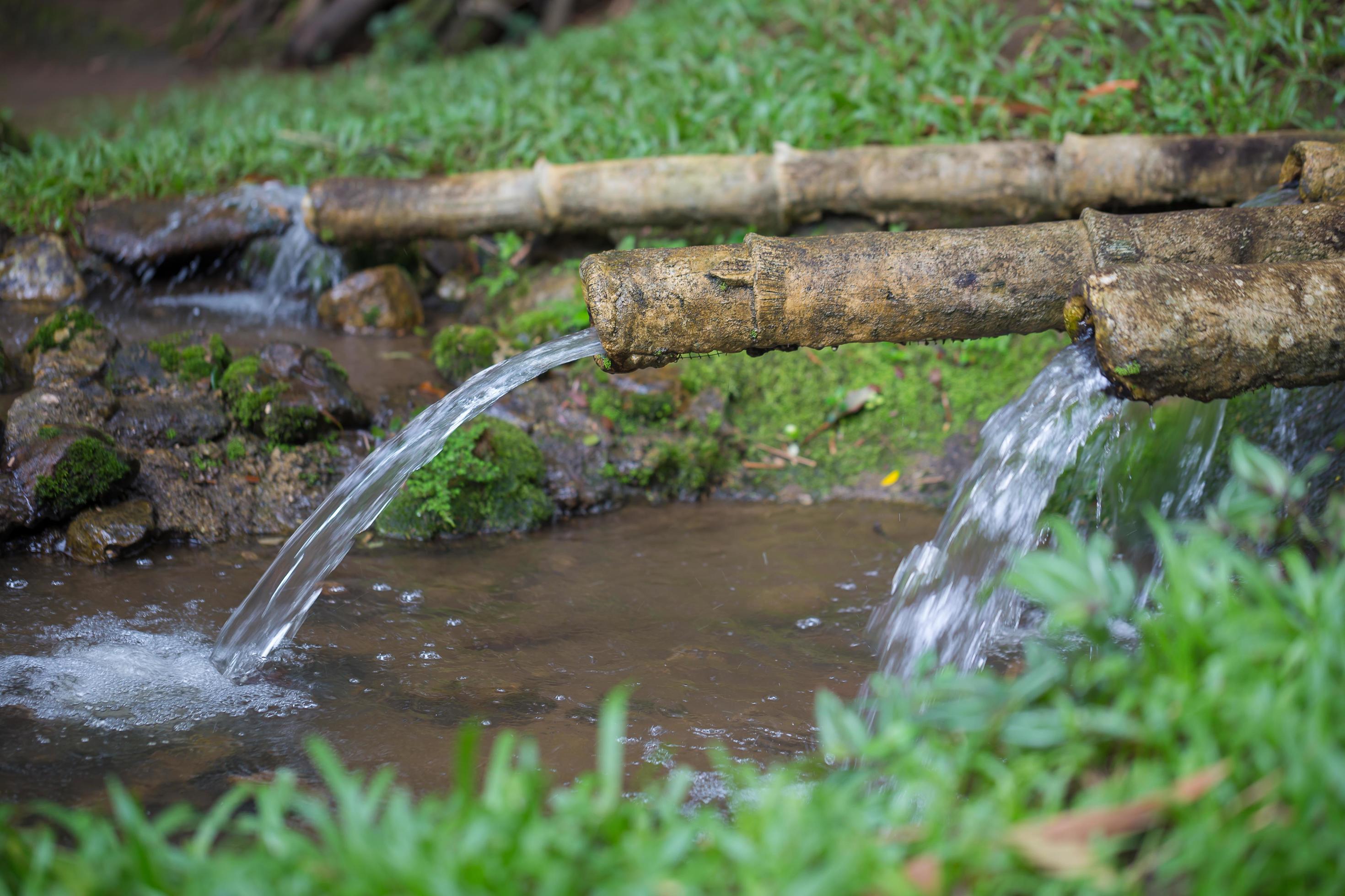 Natural water is flowing from bamboo pipe for agriculture Stock Free