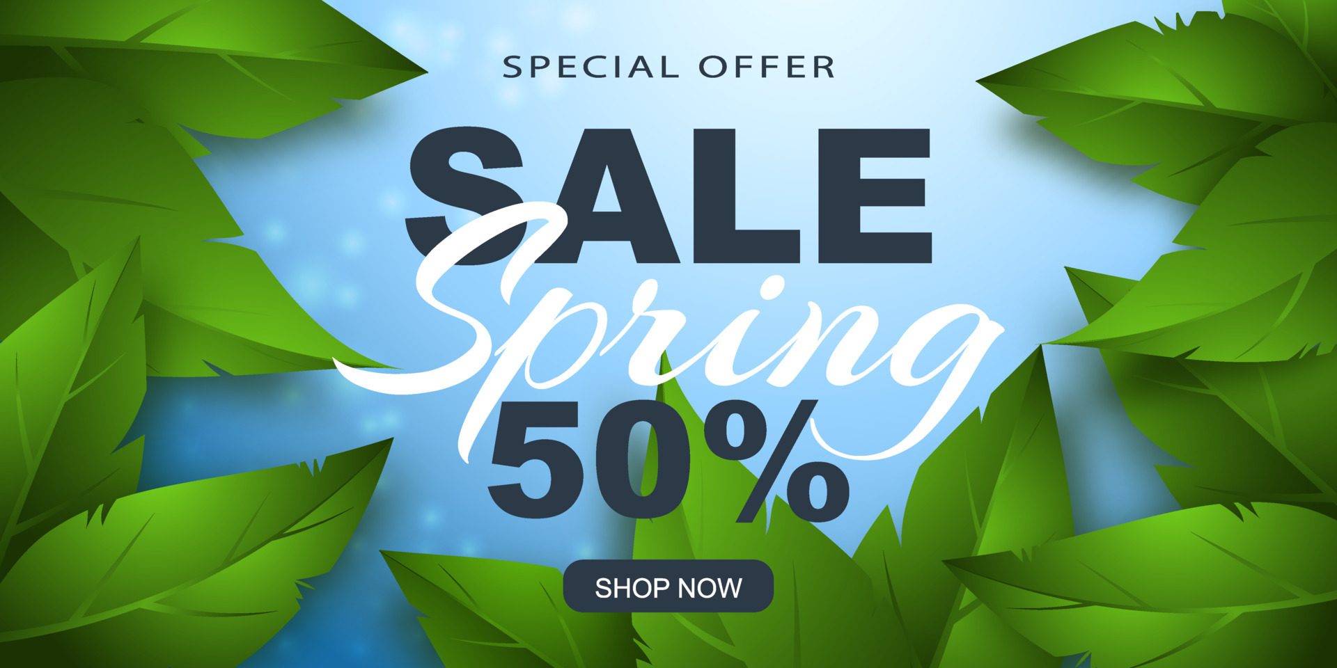 Spring sale banner with green leaves on a blue background. Vector illustration Free Vector