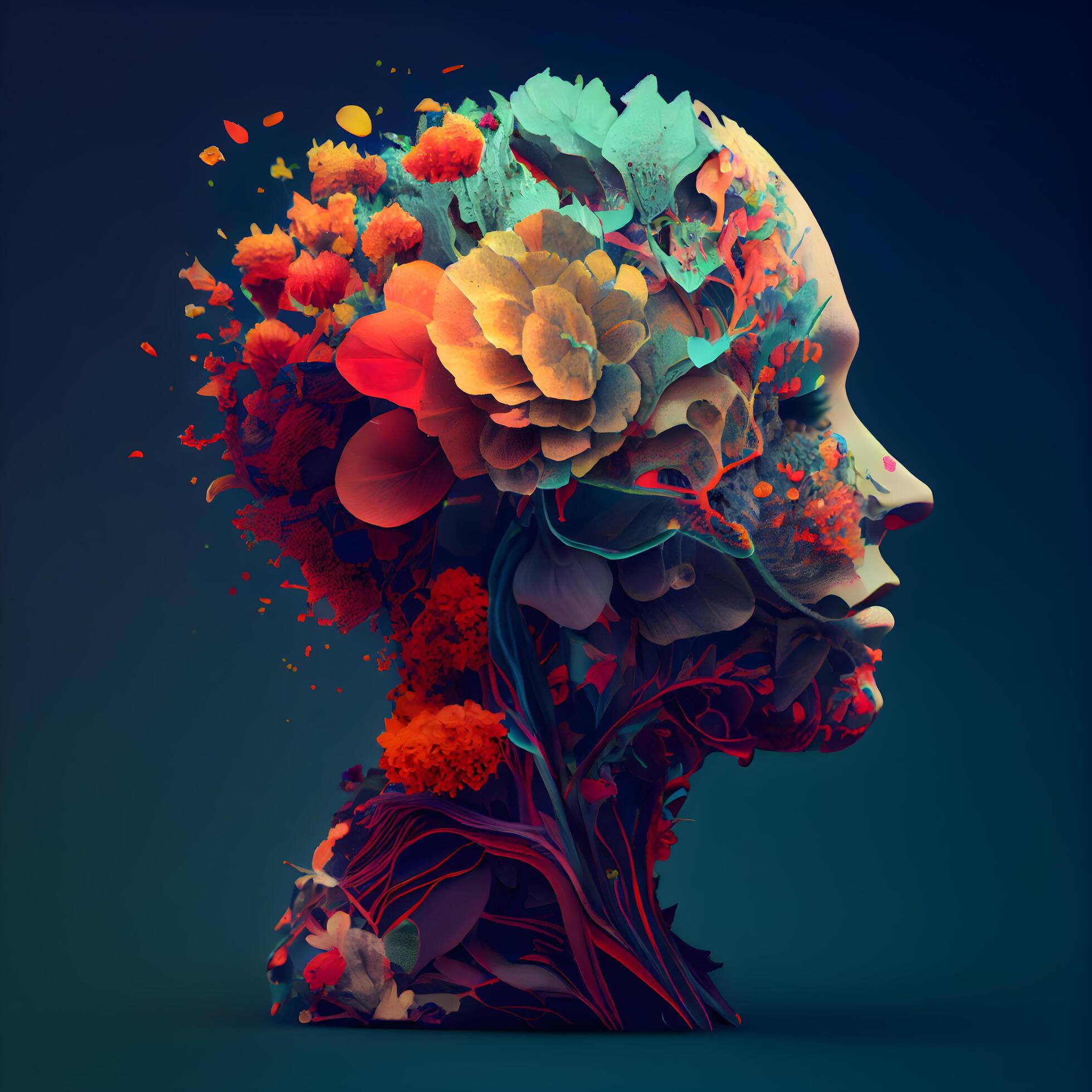 Human head with colorful flowers on dark background. 3D illustration., Image Stock Free