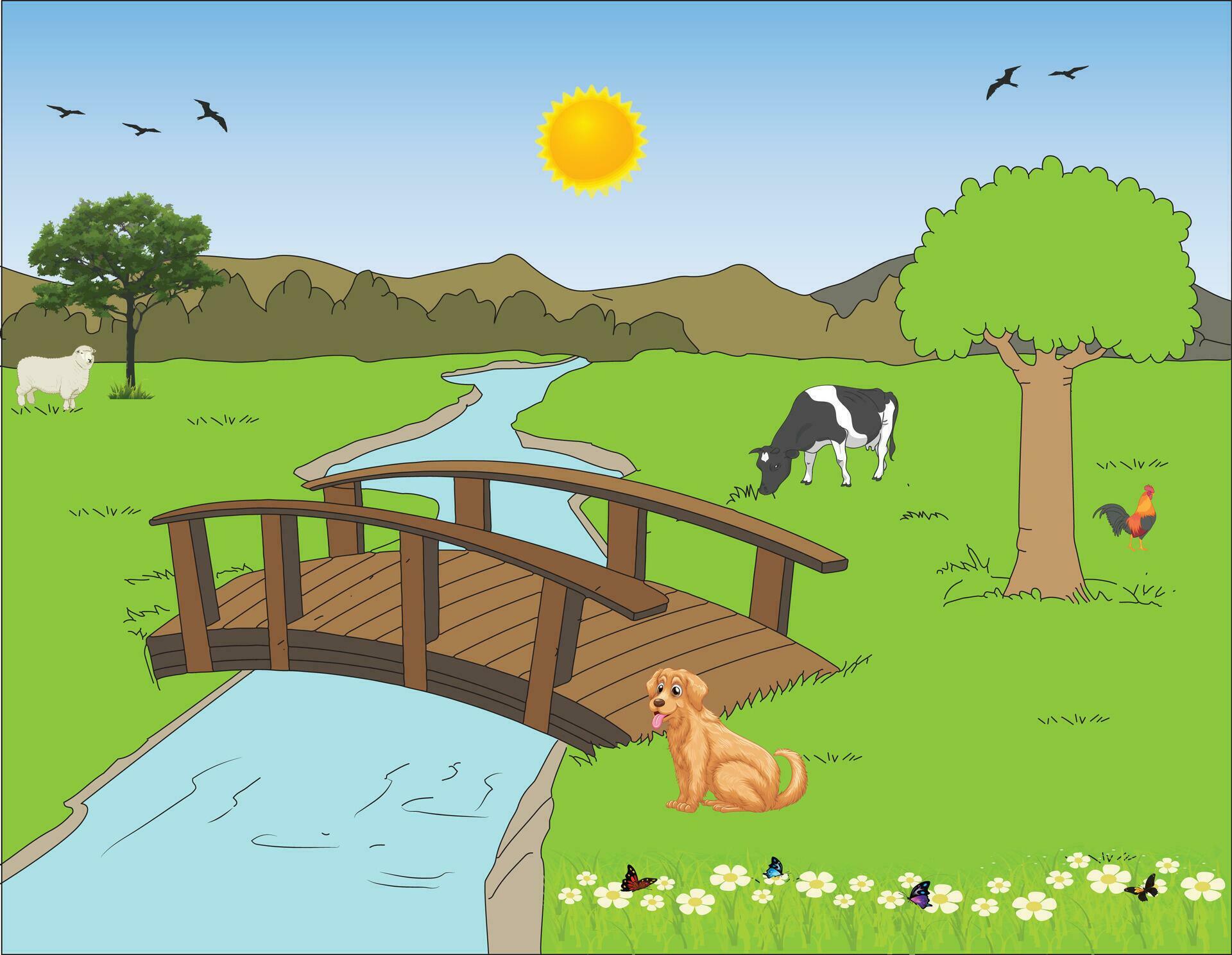 Landscape view with river, cow, sheep dog, butterfly, grass, flowers, tree, mountains, birds and bridge Stock Free