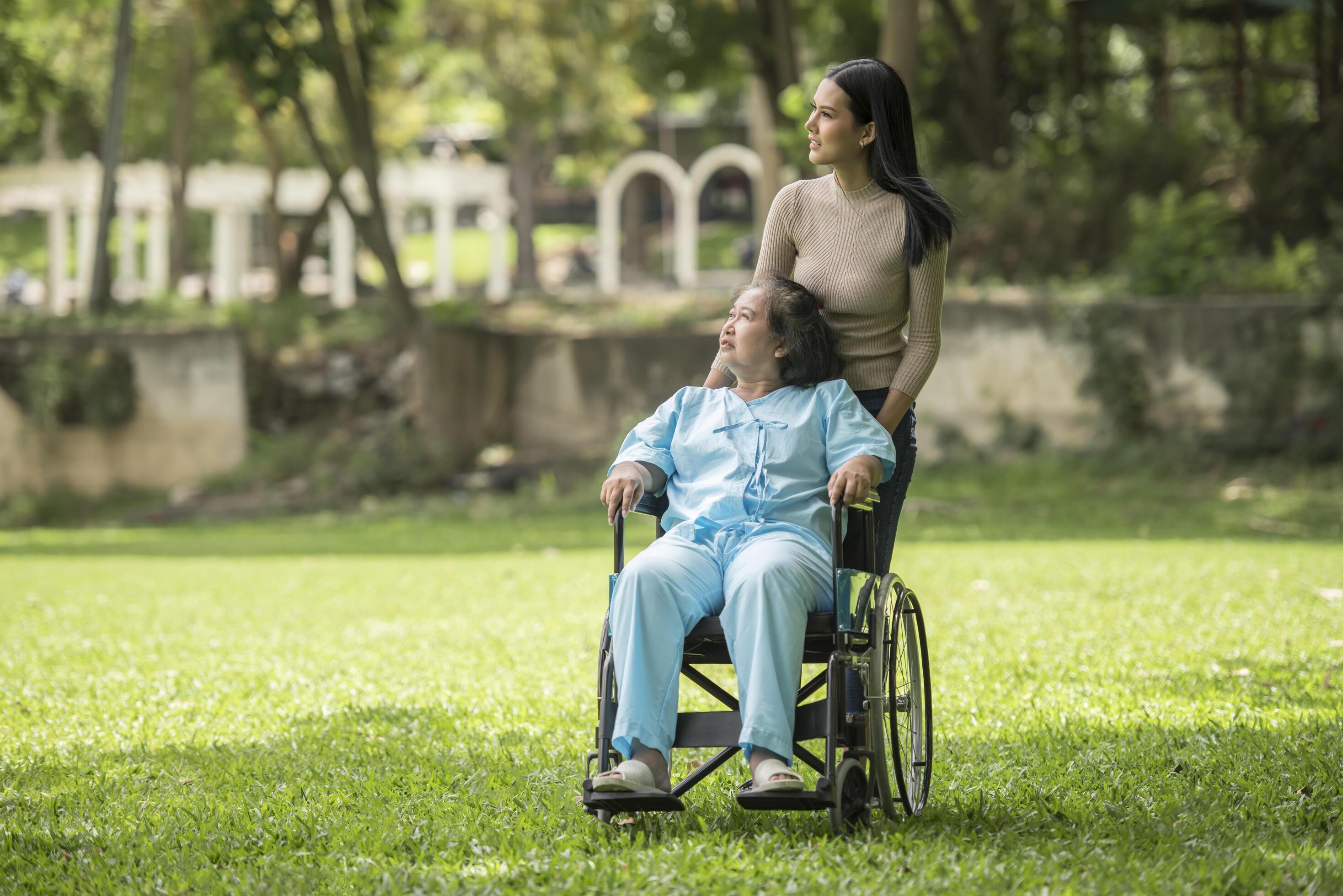 
									Granddaughter talking with her grandmother sitting on wheelchair, cheerful concept, happy family Stock Free