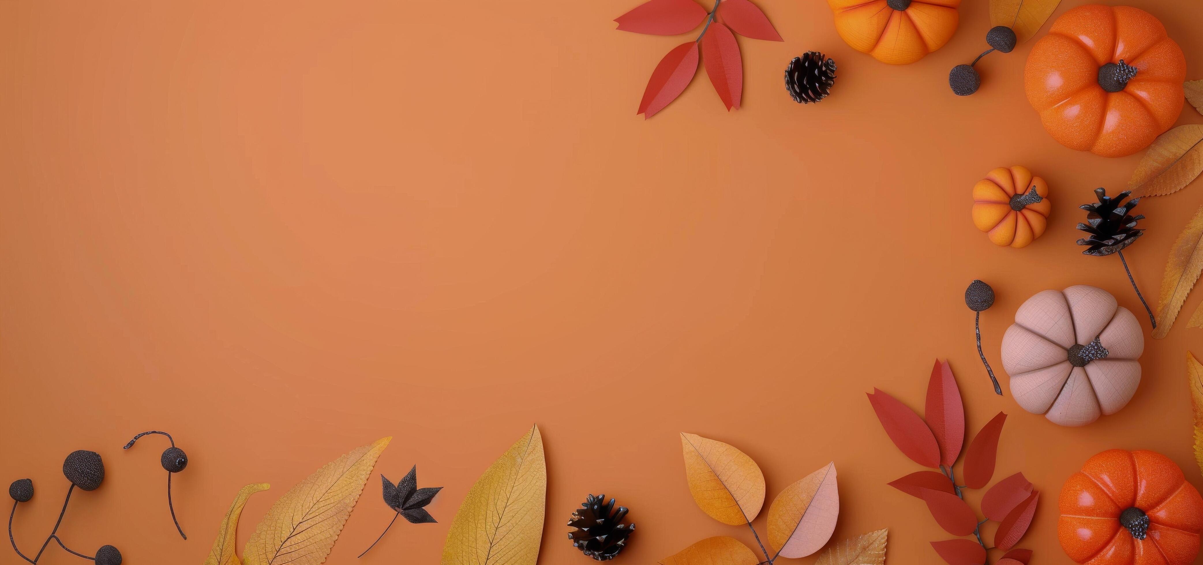 Autumn Decor With Colorful Pumpkins And Fall Leaves On Orange Background Stock Free