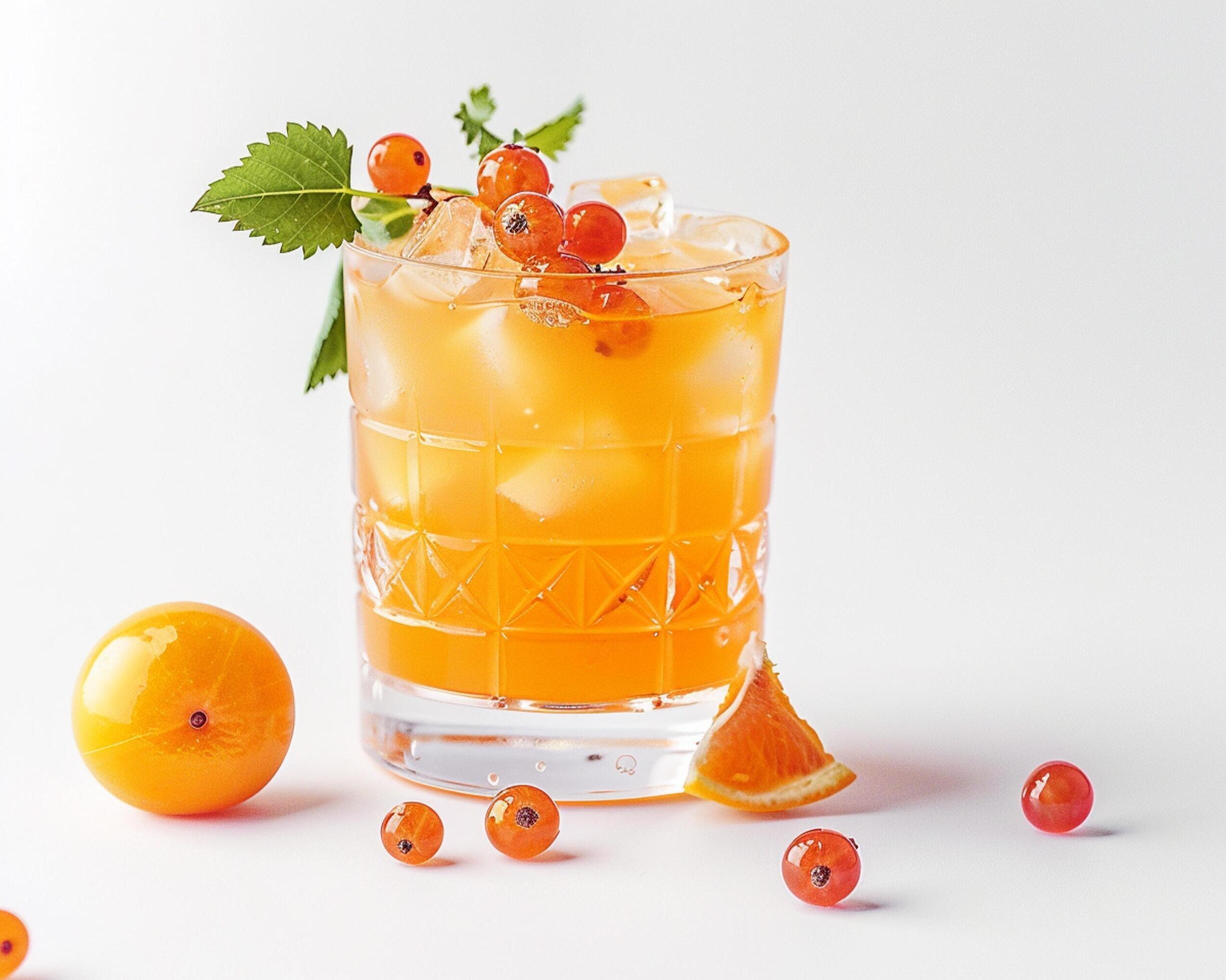 a glass of orange juice with a garnish of berries Stock Free