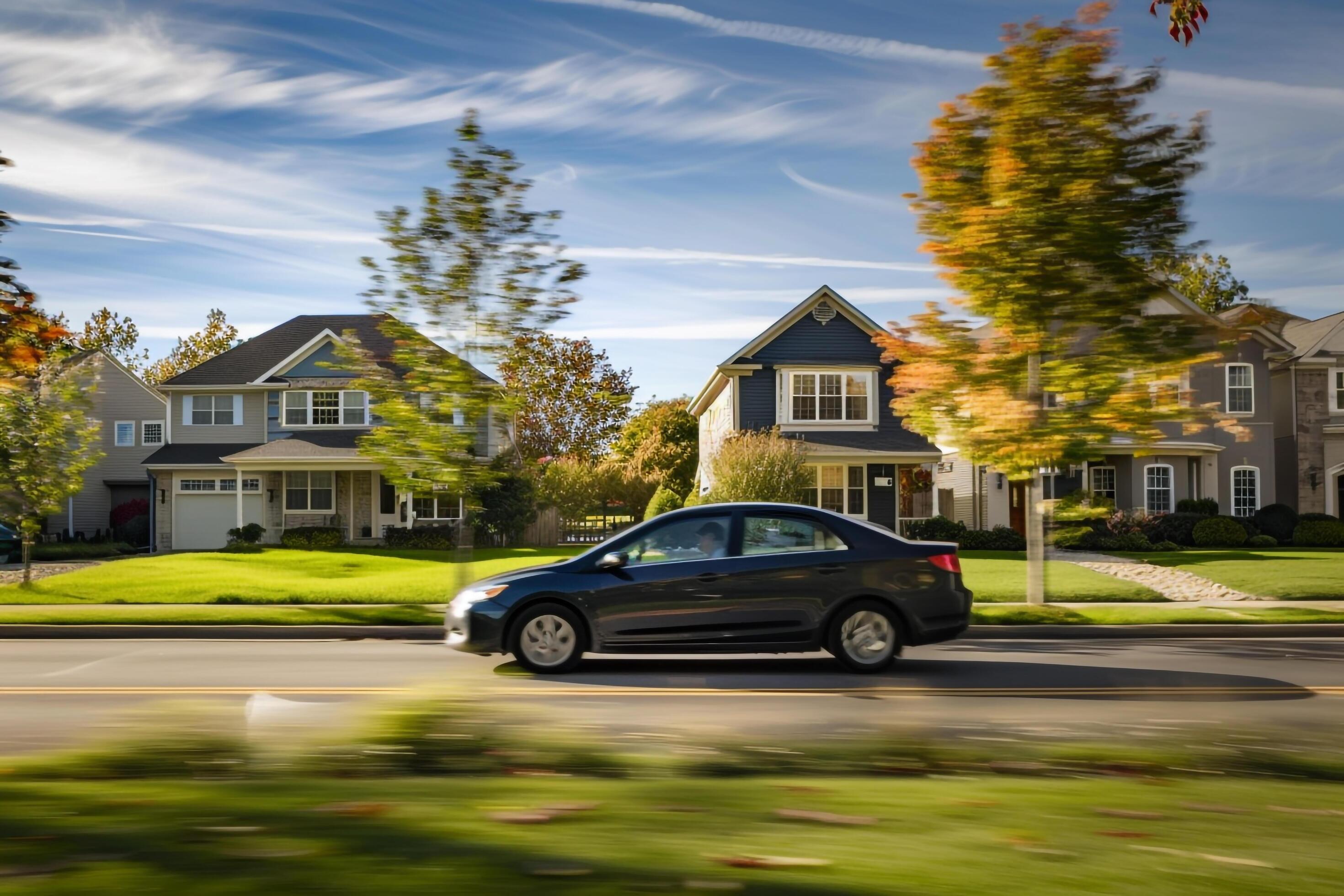 Subcompact sedan driving through suburban neighborhood with neatly trimmed lawns and family homes in the background Stock Free