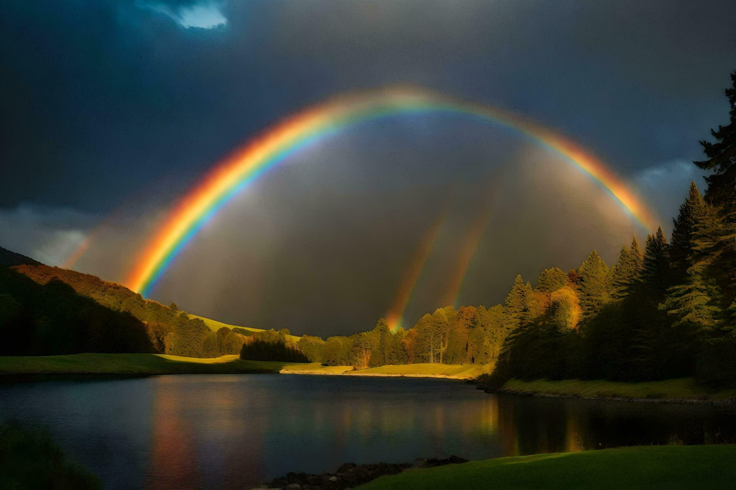 a rainbow over a lake in the forest Free Photo