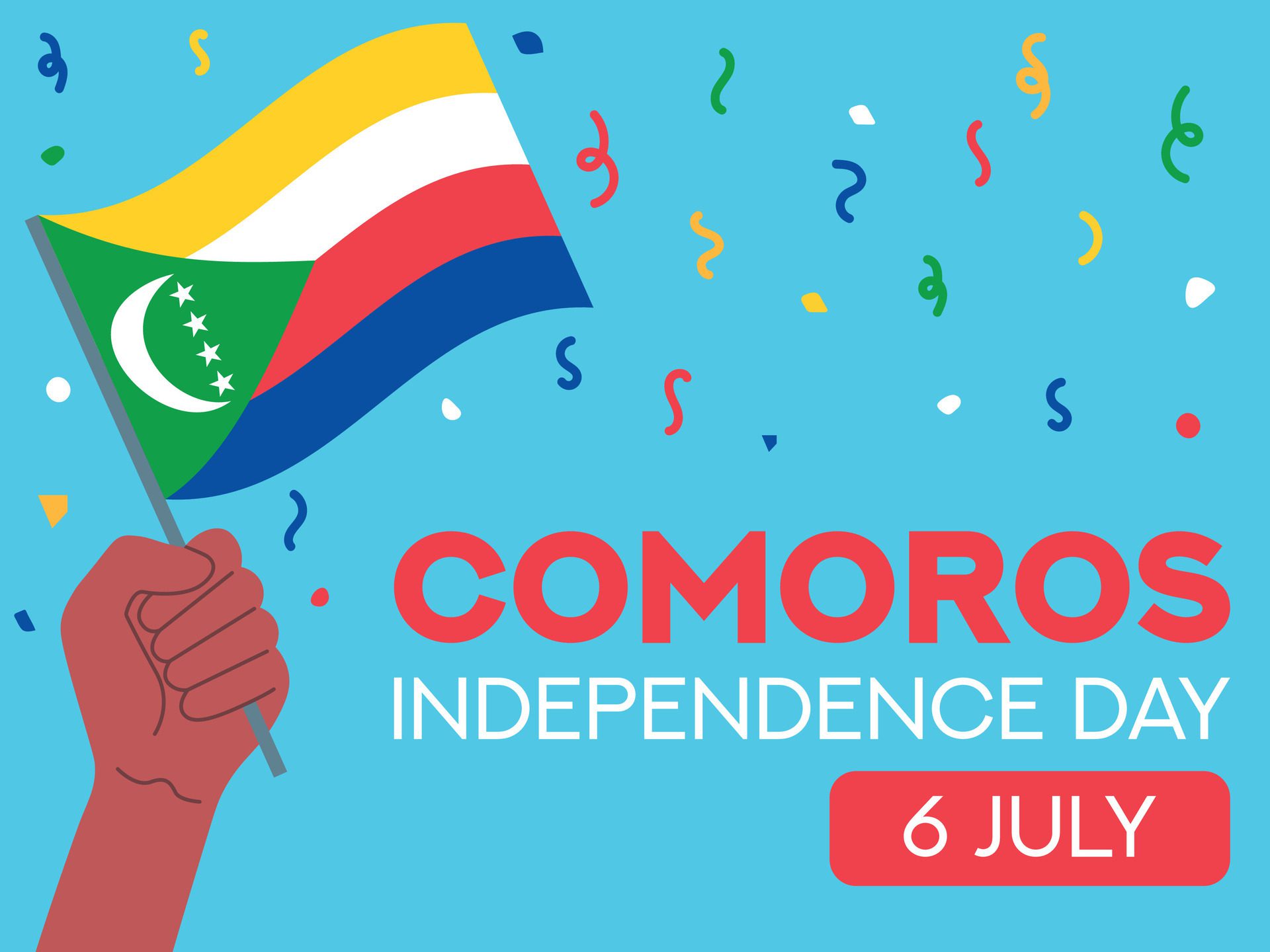 comoros independence day 6 July. comoros flag in hand. Greeting card, poster, banner template Free Vector