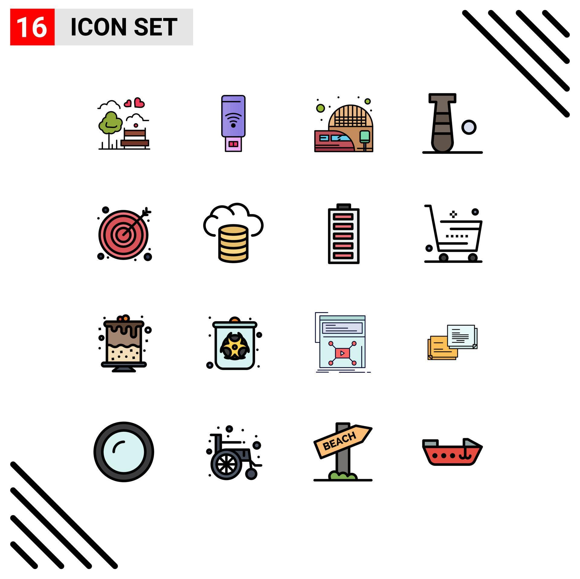 Universal Icon Symbols Group of 16 Modern Flat Color Filled Lines of arrow game signal bat train Editable Creative Vector Design Elements Stock Free