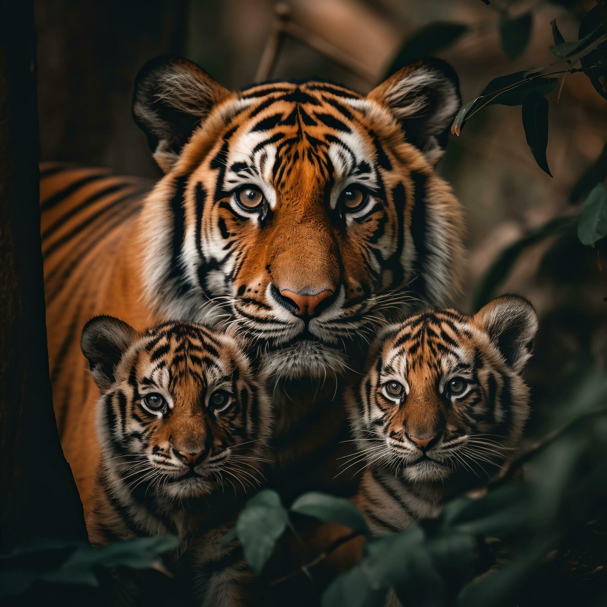 close up portrait of tiger family, mother and cubs, generative ai Stock Free