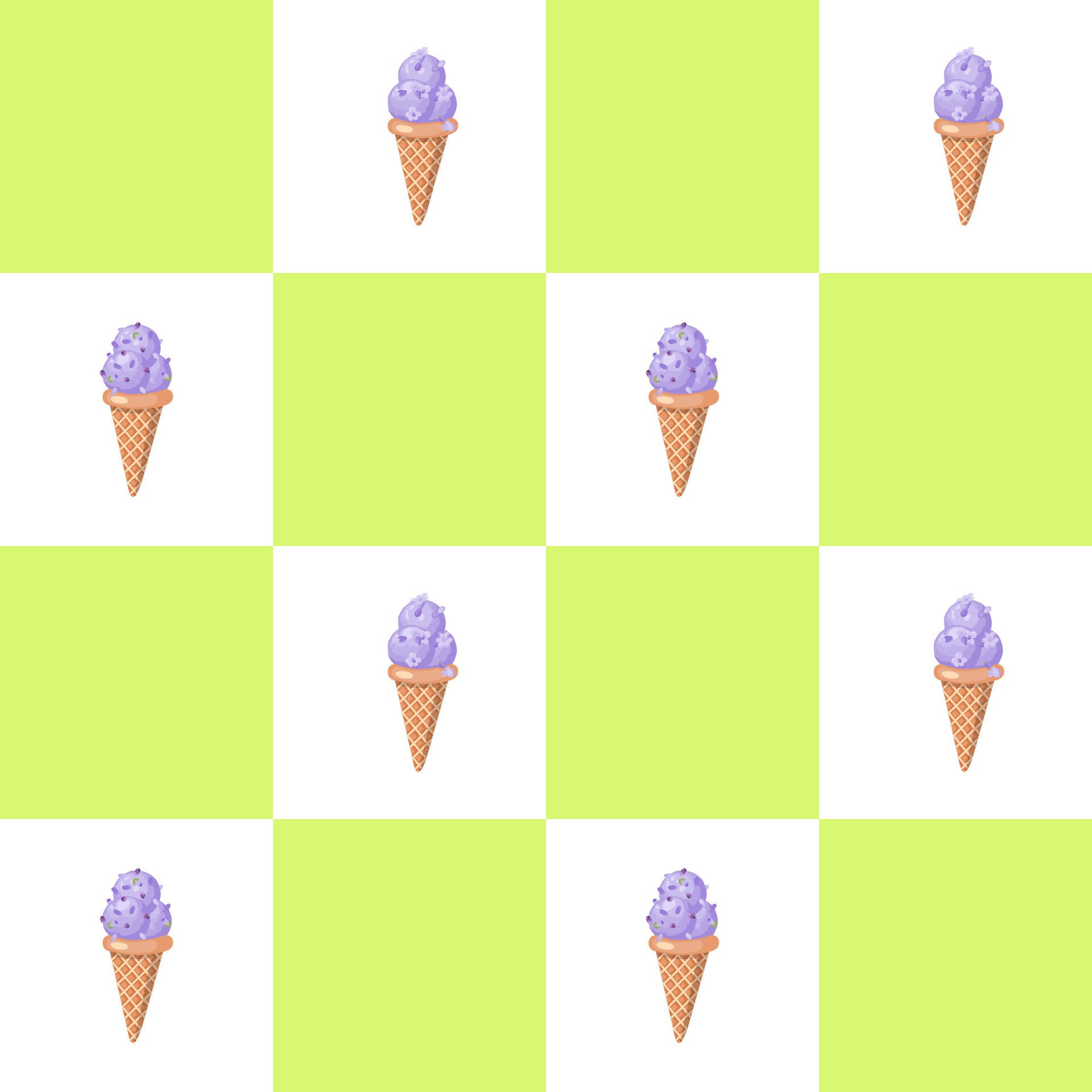 Lavender ice cream. Three scoops of creamy sweet dessert in a waffle cone. Purple sorbet. Seamless pattern. illustration. Free Vector