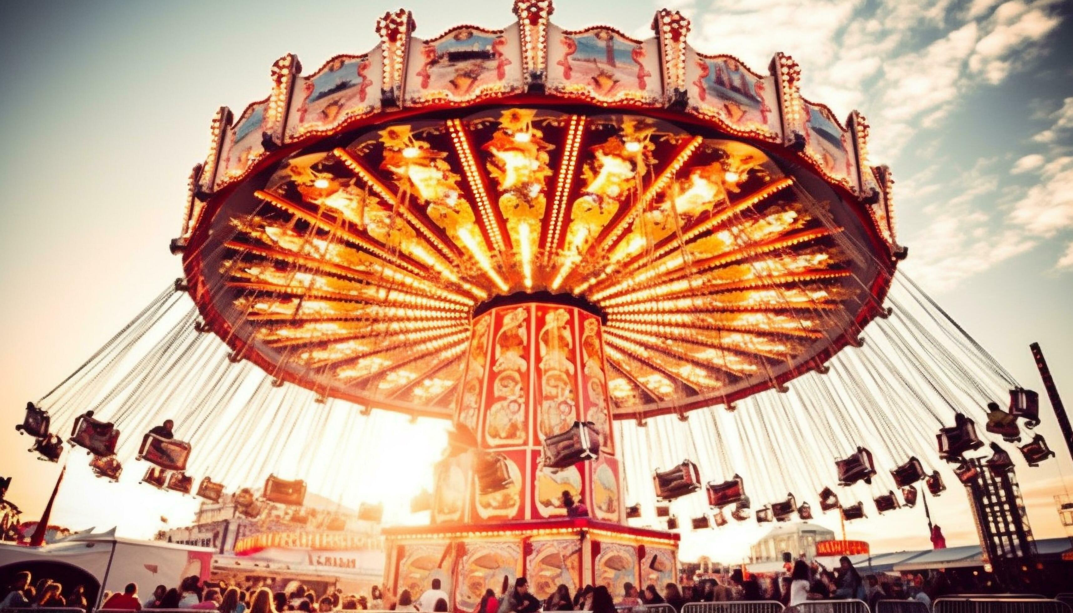 Family enjoys vibrant carnival ride, spinning high up with excitement generated by AI Stock Free