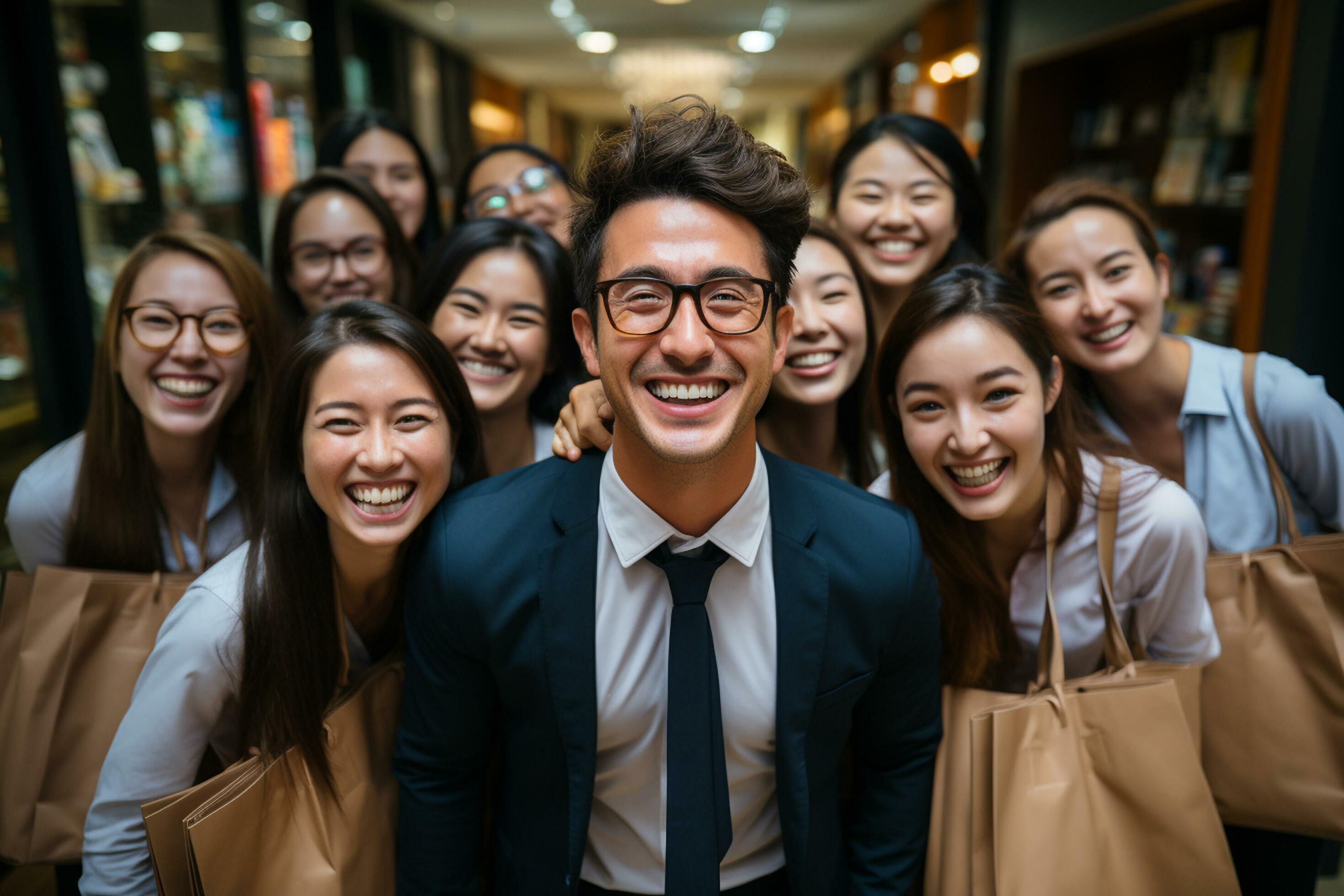 Ai Generative group of happy business man and business women, dressed in suits are smiling, in the office Stock Free