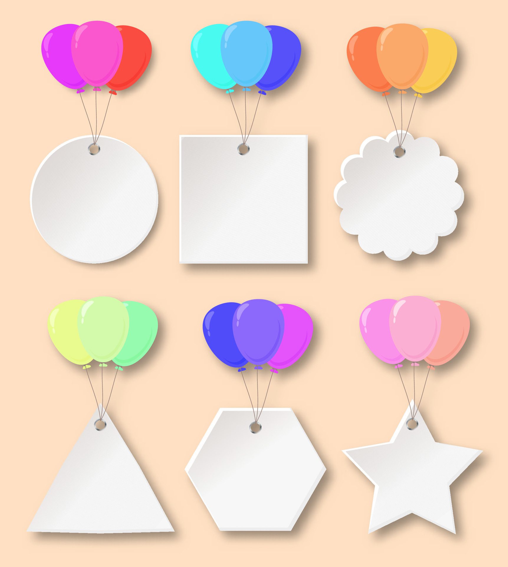 Colorful balloons fly carrying white banners Free Vector