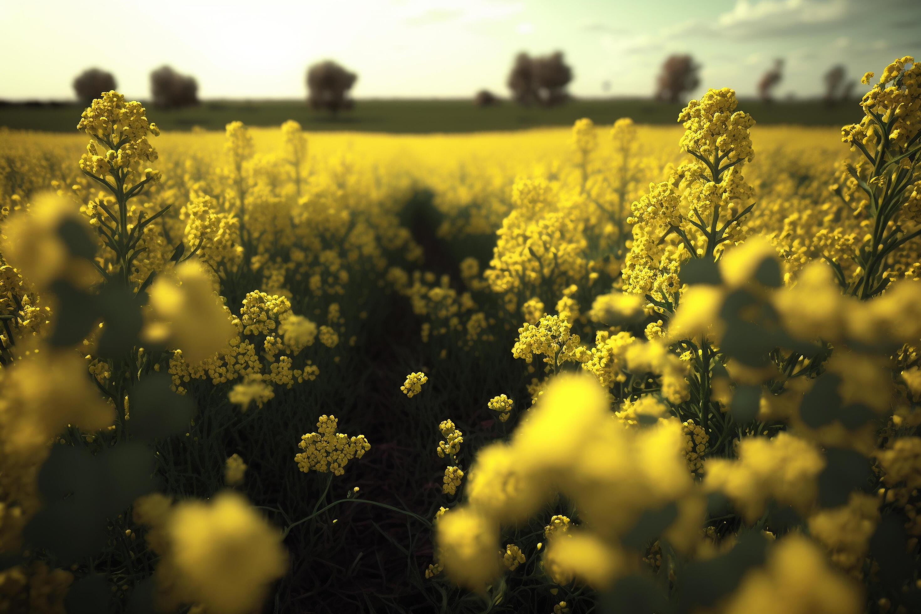 A field full of yellow flowers under a blue sky, Stock Free