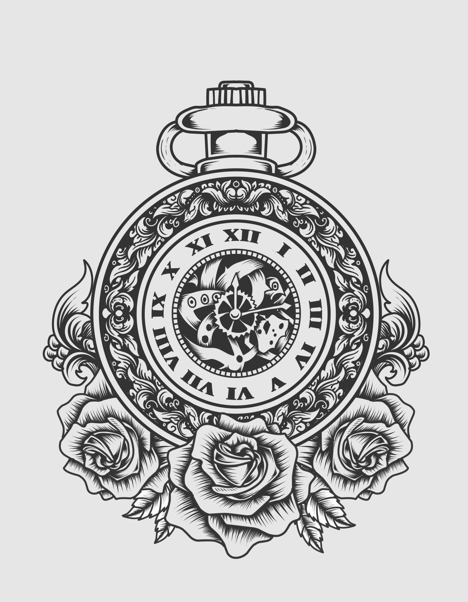 illustration vector antique clock with rose flower Stock Free