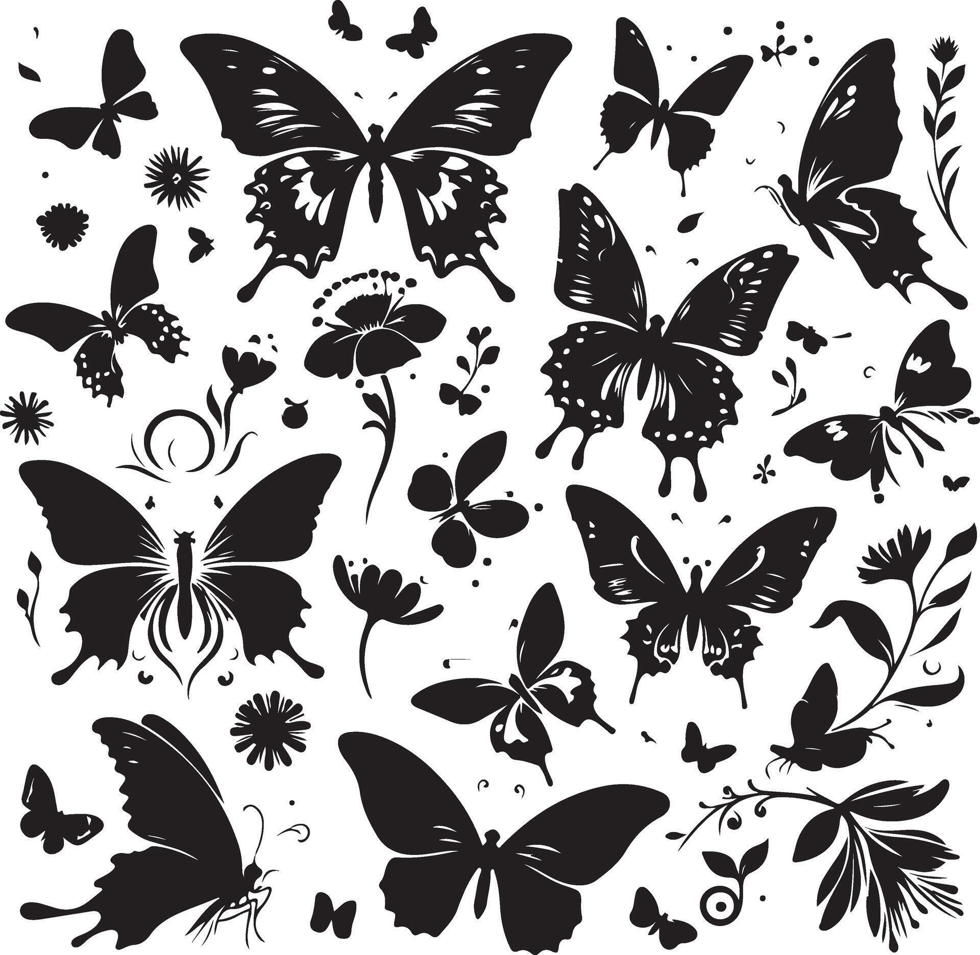 Butterflies and flowers, pattern with butterflies, set of butterflies, Flying butterflies silhouette black set isolated on white background Stock Free