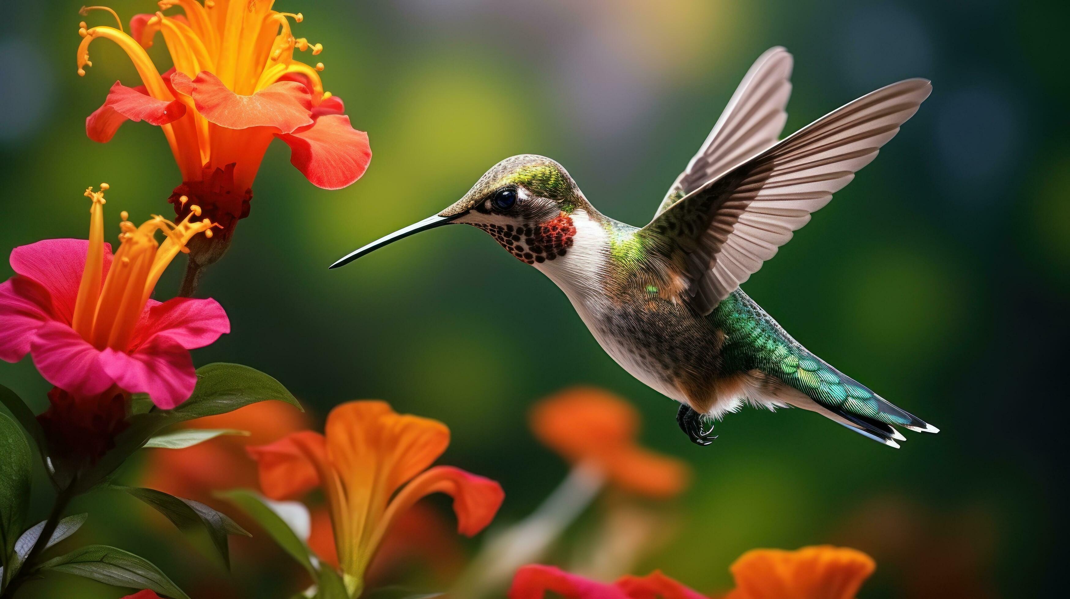 Humming bird with flower. Illustration AI Generative Stock Free