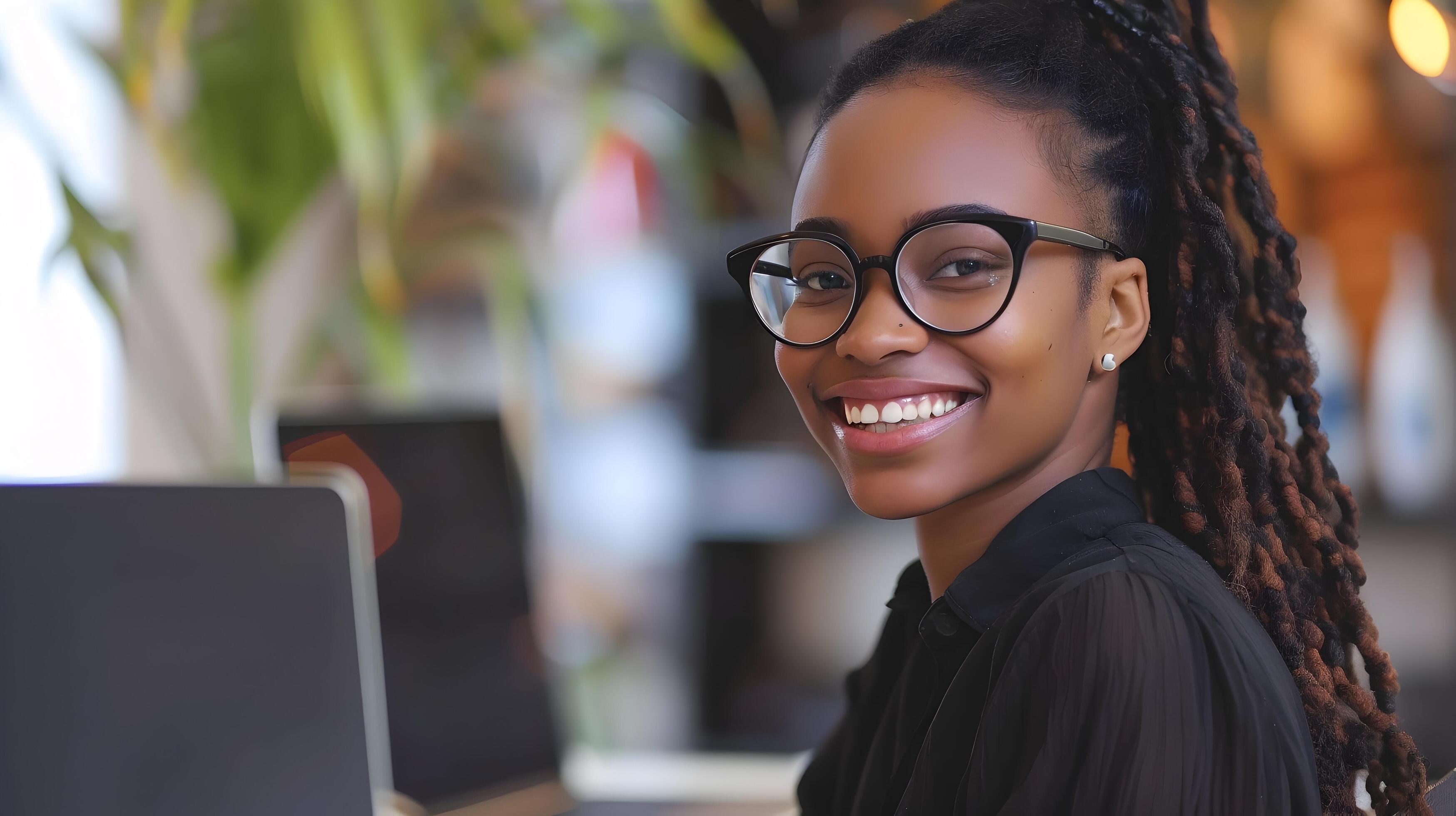 Smiling Young Professional Woman Working with Laptop in Office Stock Free