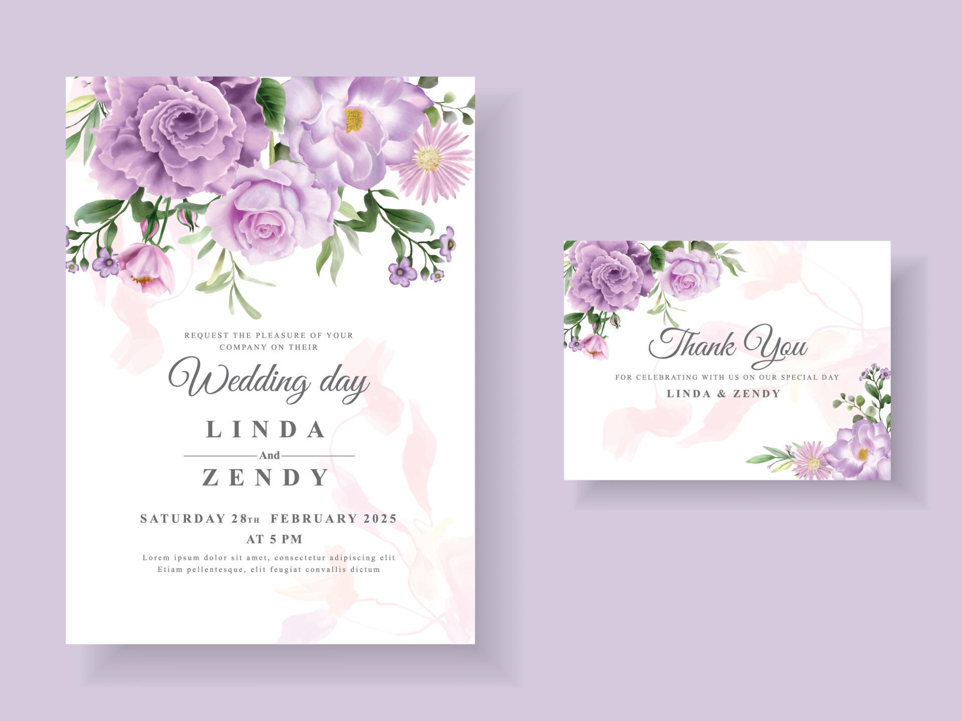 Beautiful purple flowers wedding invitation card template Stock Free