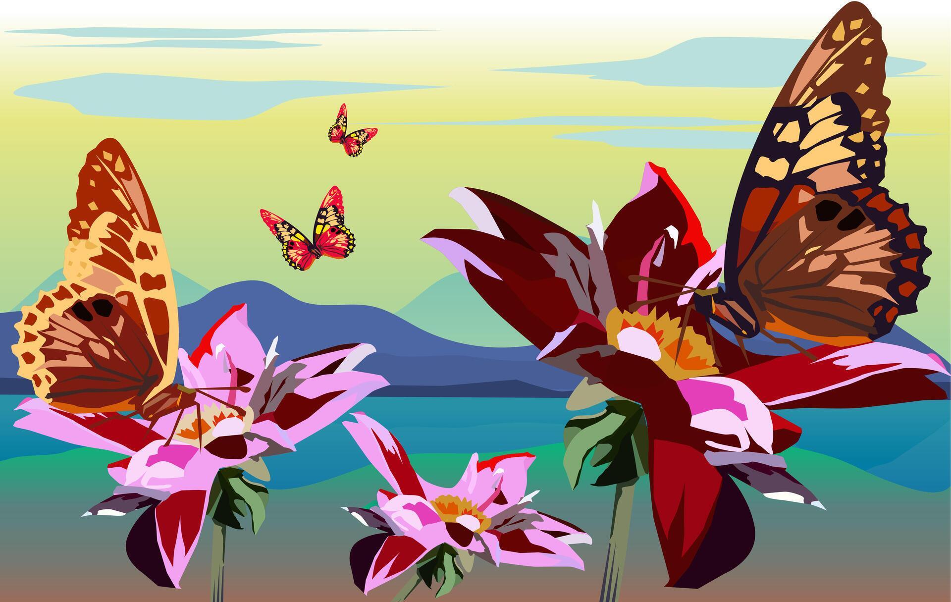 Vector butterfly is perched on beautiful colorful flowers with a view of the mountains Stock Free